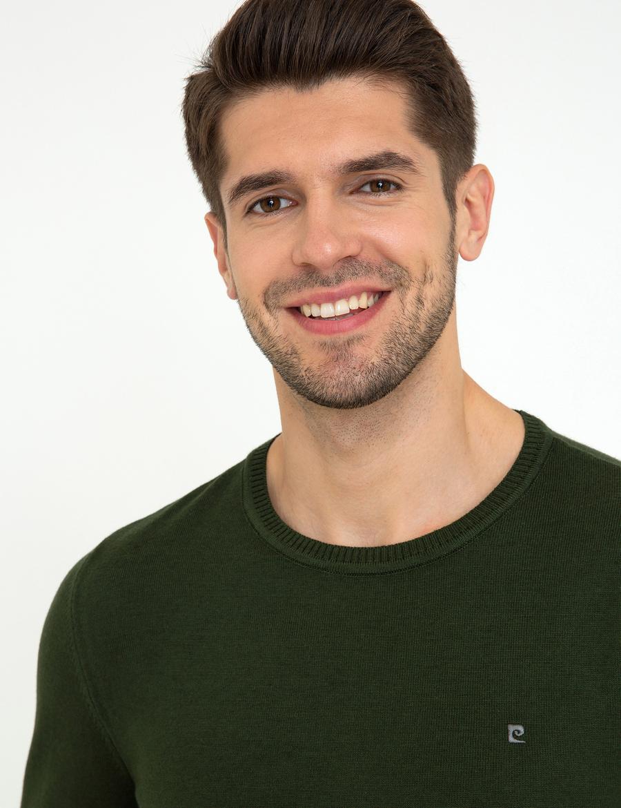 Yeşil Slim Fit Bisiklet Yaka Basic Triko Kazak