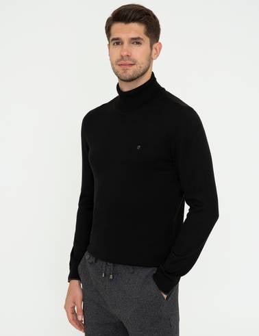 Siyah Slim Fit Balıkçı Yaka Basic Triko Kazak