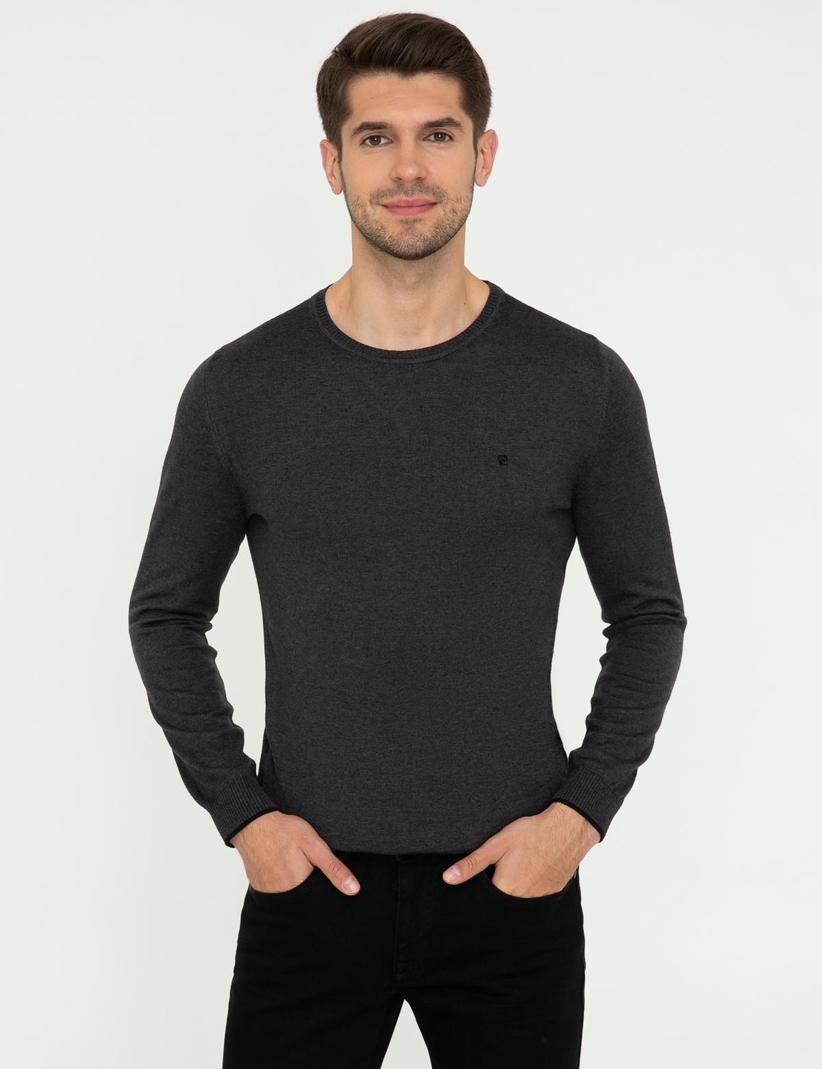 Antrasit Melanj Slim Fit Bisiklet Yaka Basic Triko Kazak