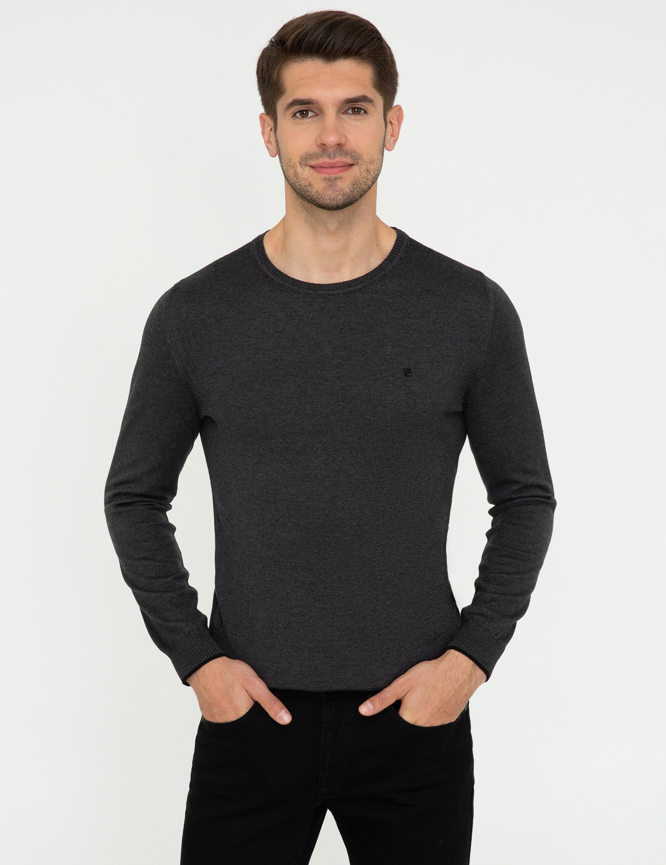 Antrasit Melanj Slim Fit Bisiklet Yaka Basic Triko Kazak