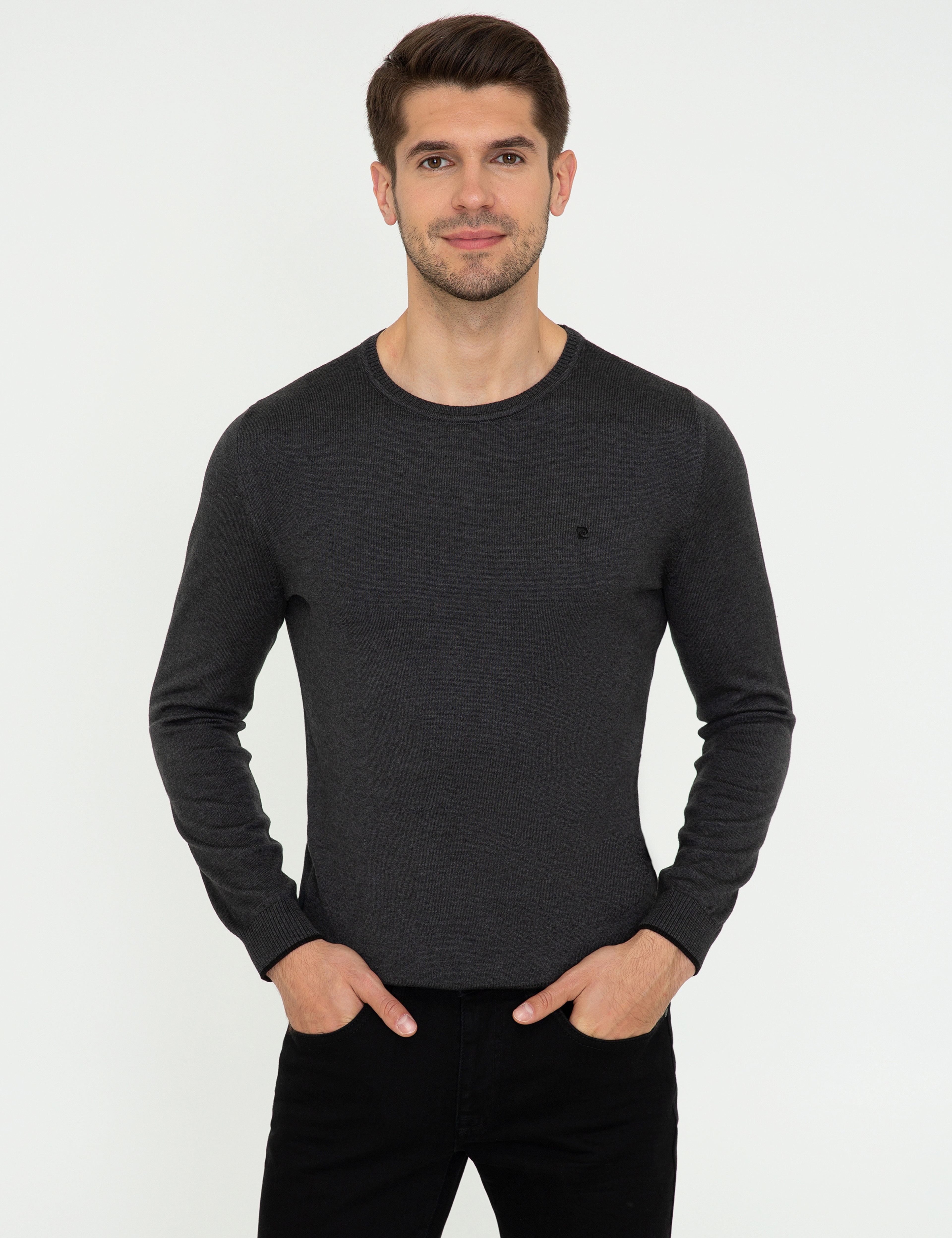 Antrasit Melanj Slim Fit Bisiklet Yaka Basic Triko Kazak - Image 1