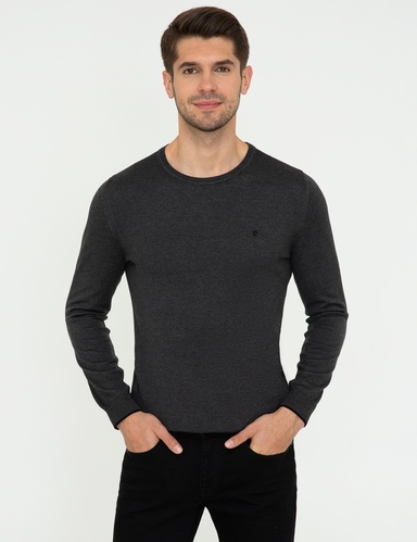 Antrasit Melanj Slim Fit Bisiklet Yaka Basic Triko Kazak