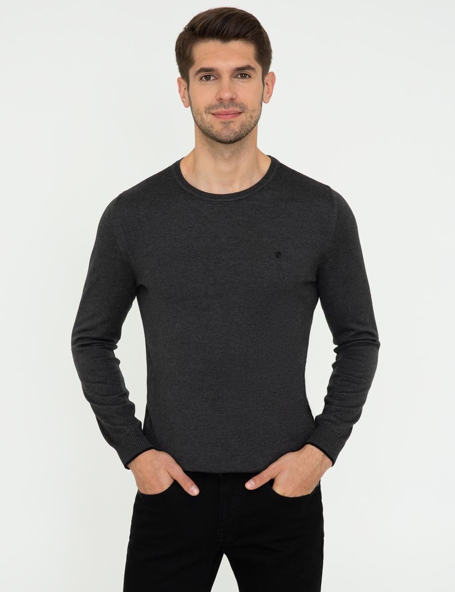 Antrasit Melanj Slim Fit Bisiklet Yaka Basic Triko Kazak