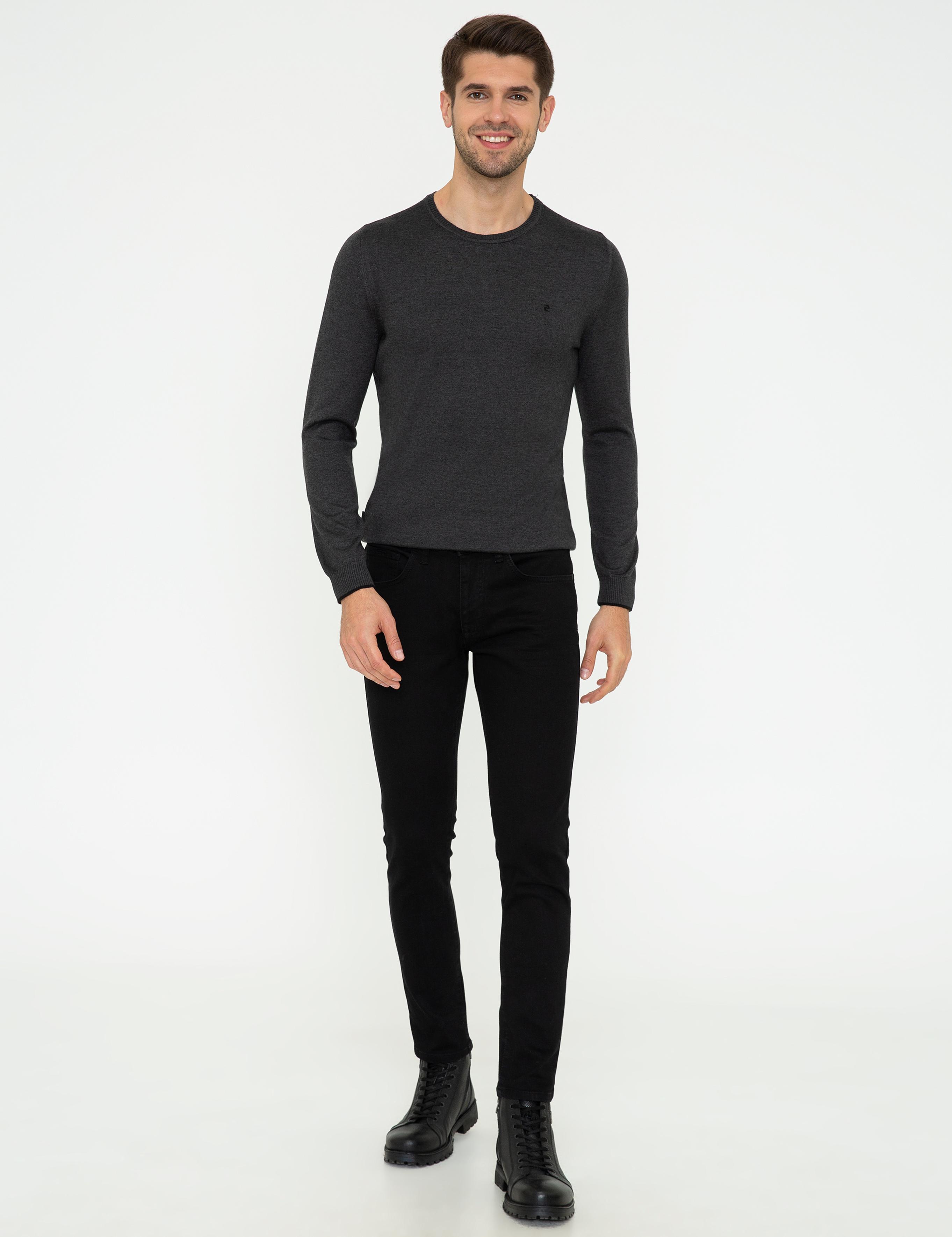 Antrasit Melanj Slim Fit Bisiklet Yaka Basic Triko Kazak