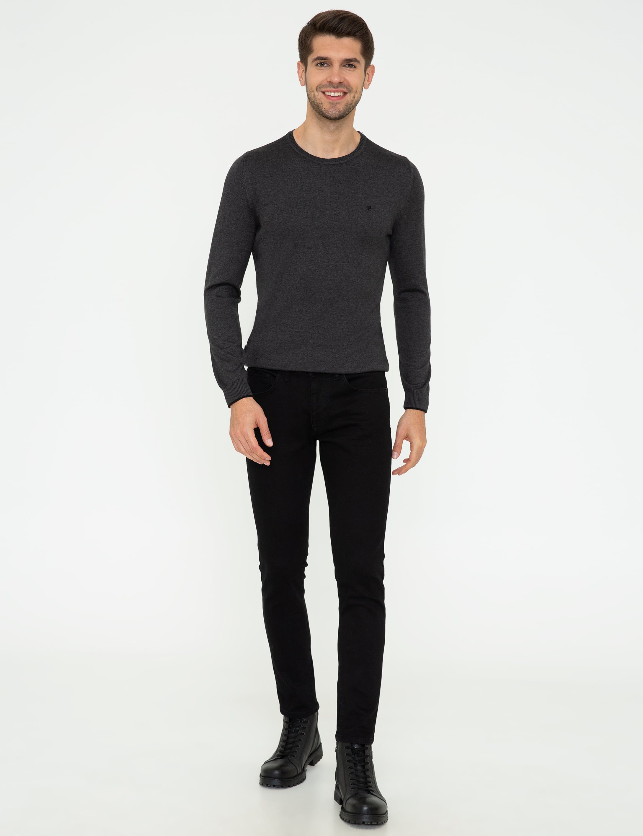 Antrasit Melanj Slim Fit Bisiklet Yaka Basic Triko Kazak