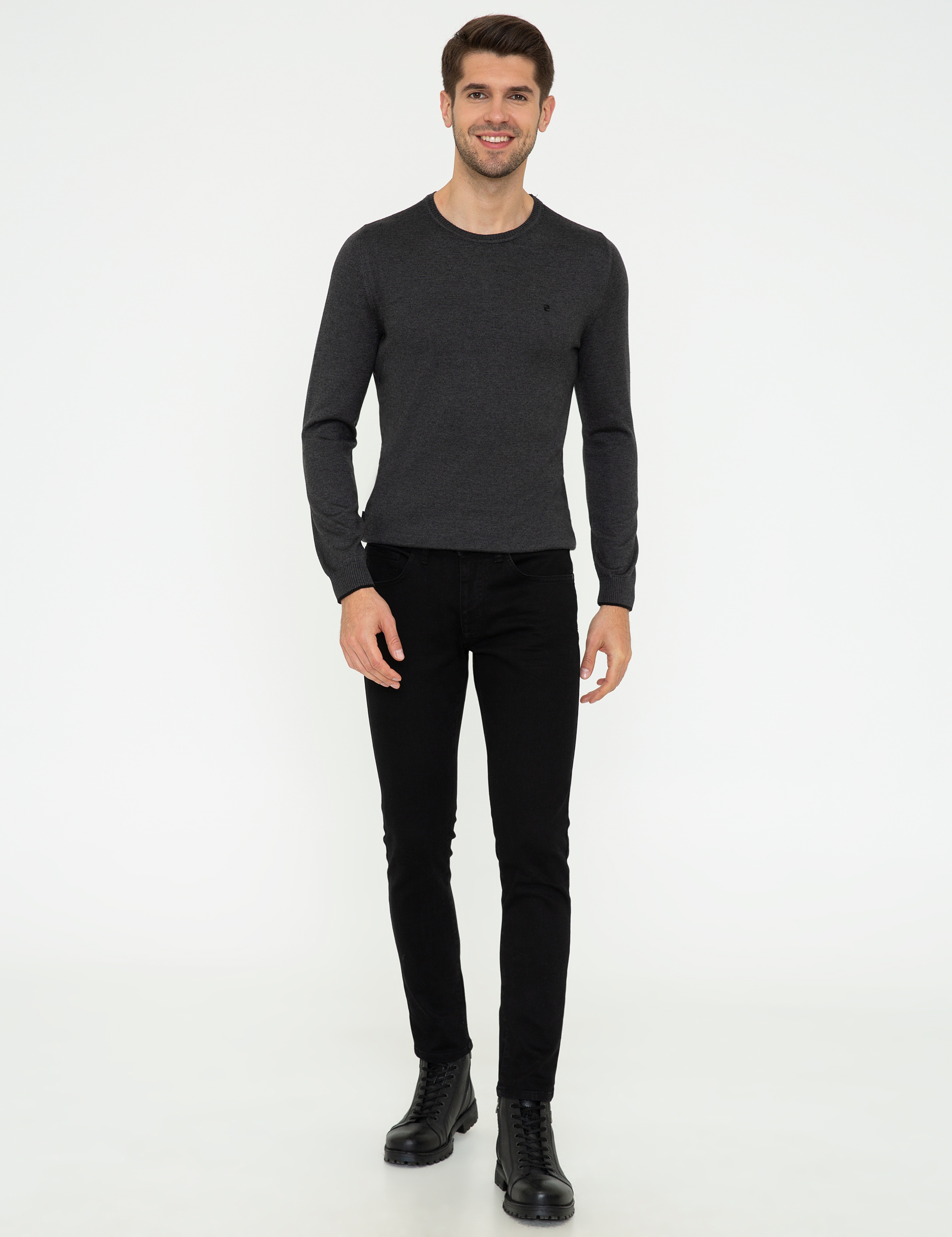 Antrasit Melanj Slim Fit Bisiklet Yaka Basic Triko Kazak - Image 5