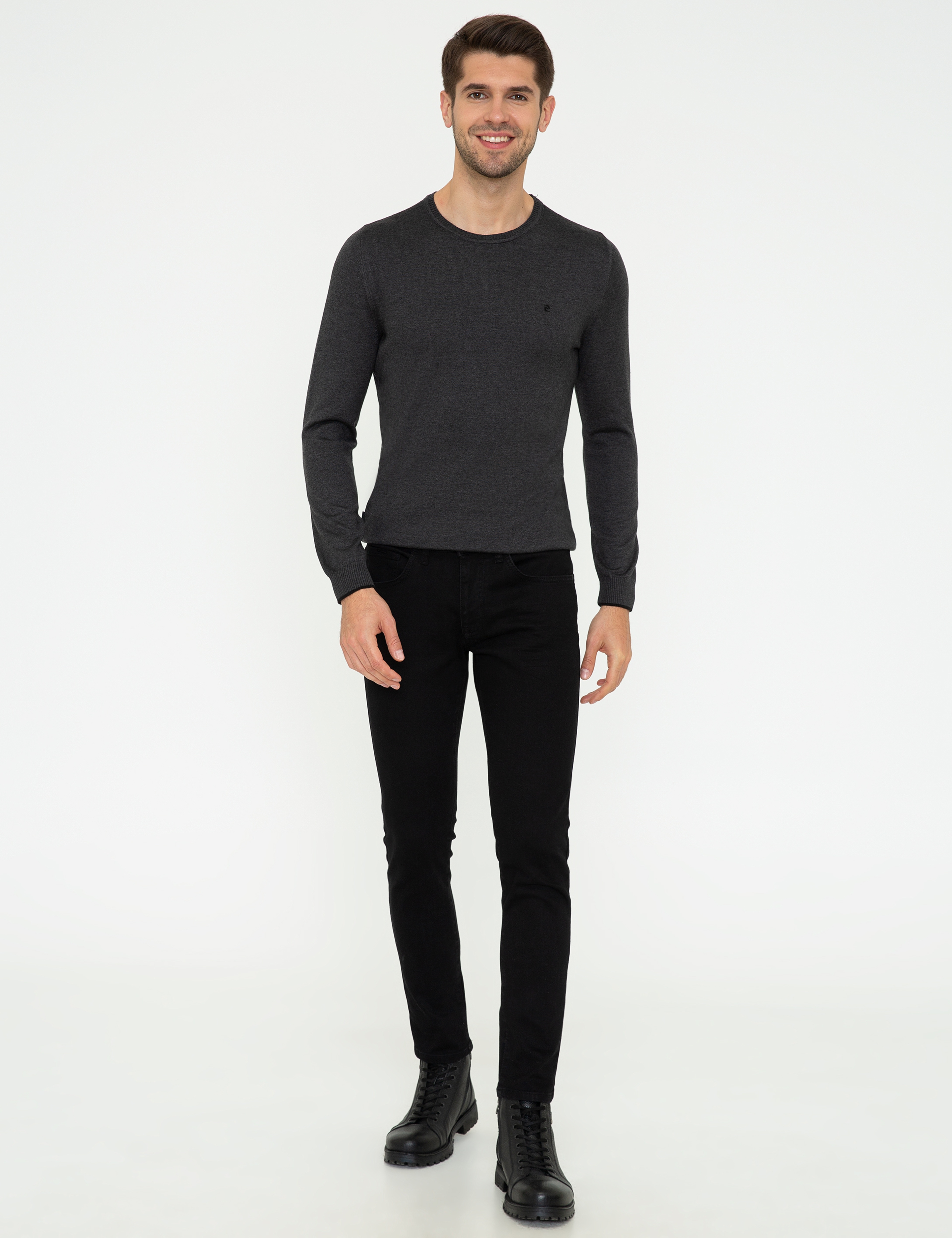 Antrasit Melanj Slim Fit Bisiklet Yaka Basic Triko Kazak