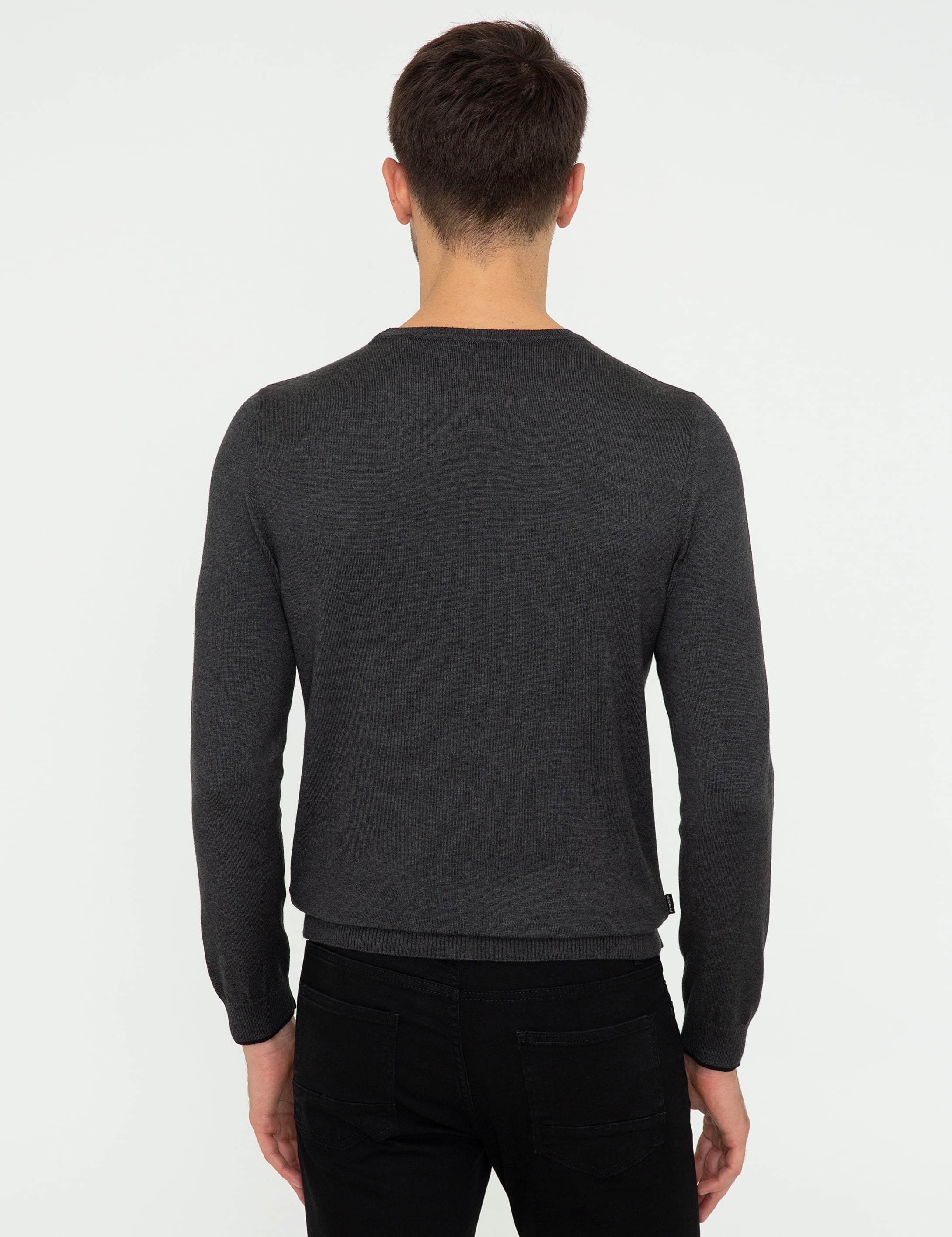 Antrasit Melanj Slim Fit Bisiklet Yaka Basic Triko Kazak