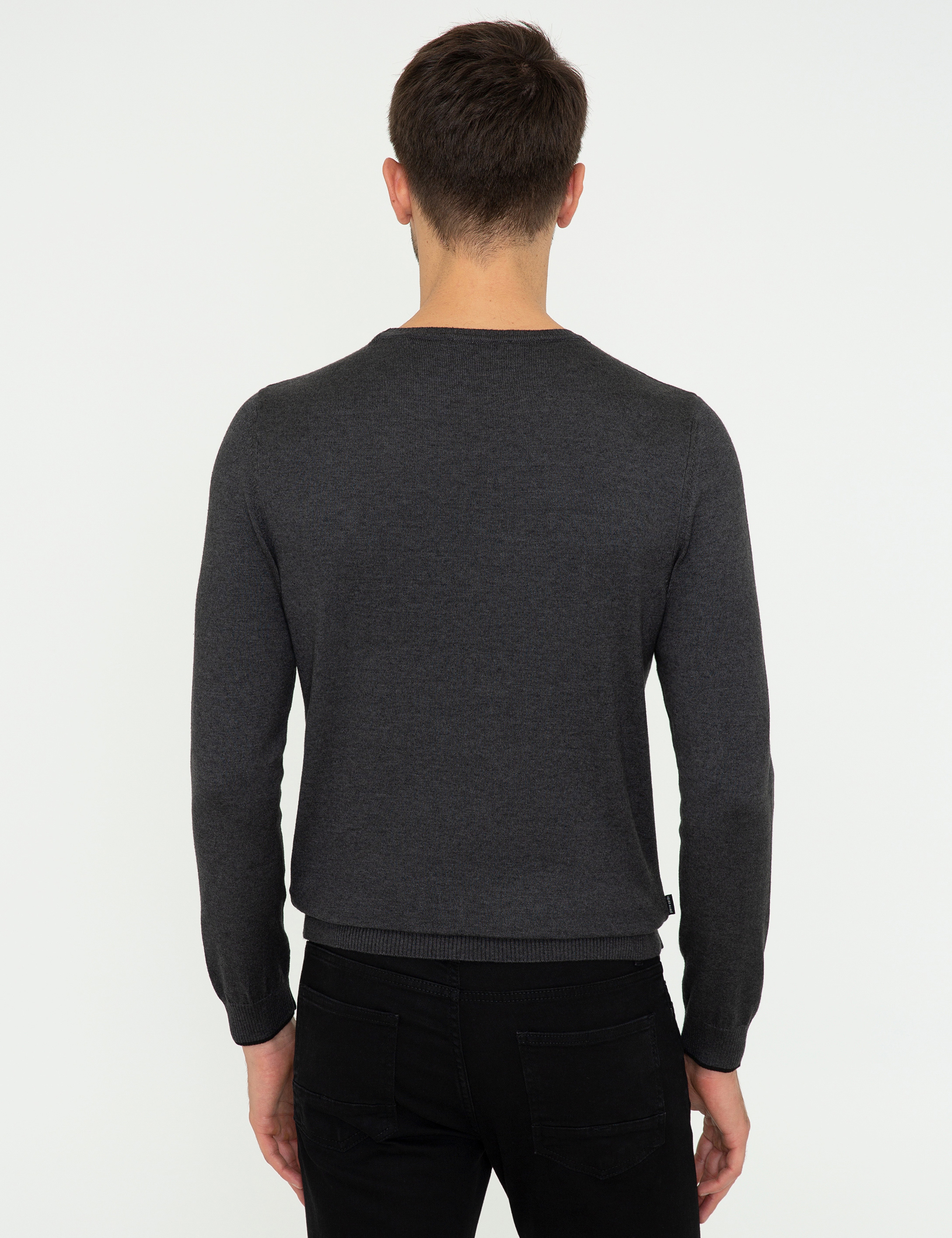 Antrasit Melanj Slim Fit Bisiklet Yaka Basic Triko Kazak