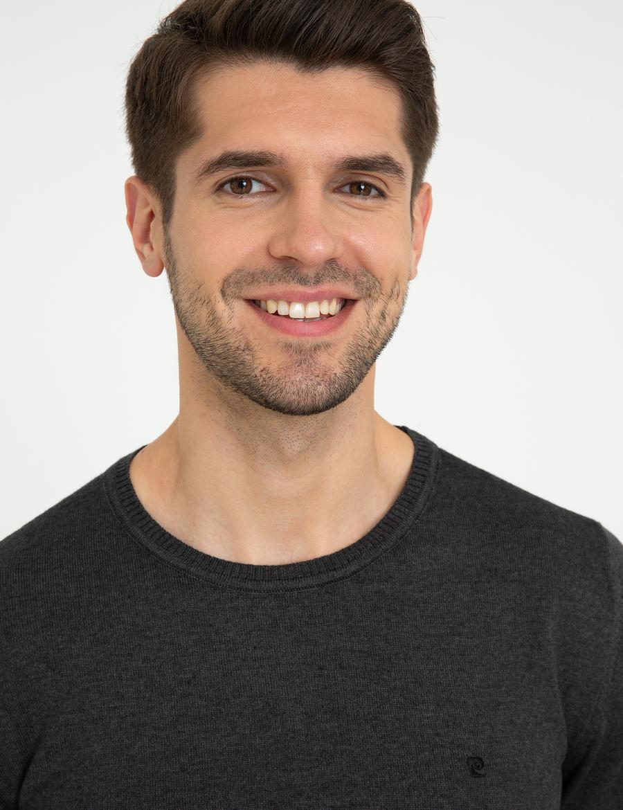 Antrasit Melanj Slim Fit Bisiklet Yaka Basic Triko Kazak