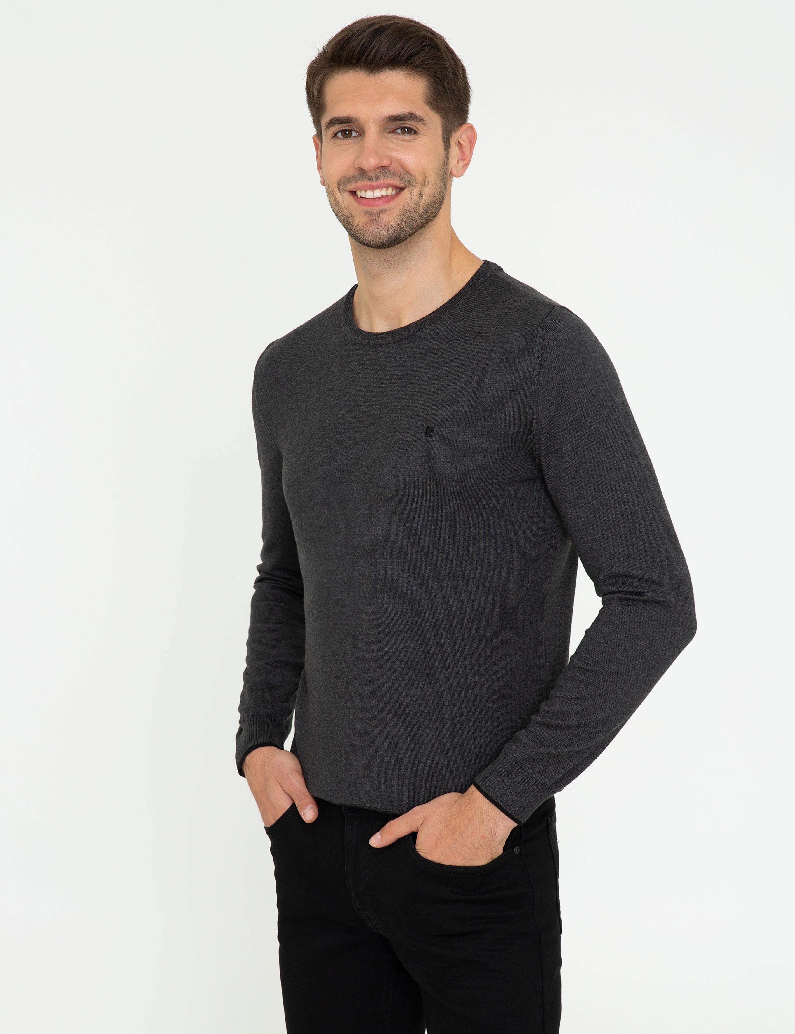 Antrasit Melanj Slim Fit Bisiklet Yaka Basic Triko Kazak