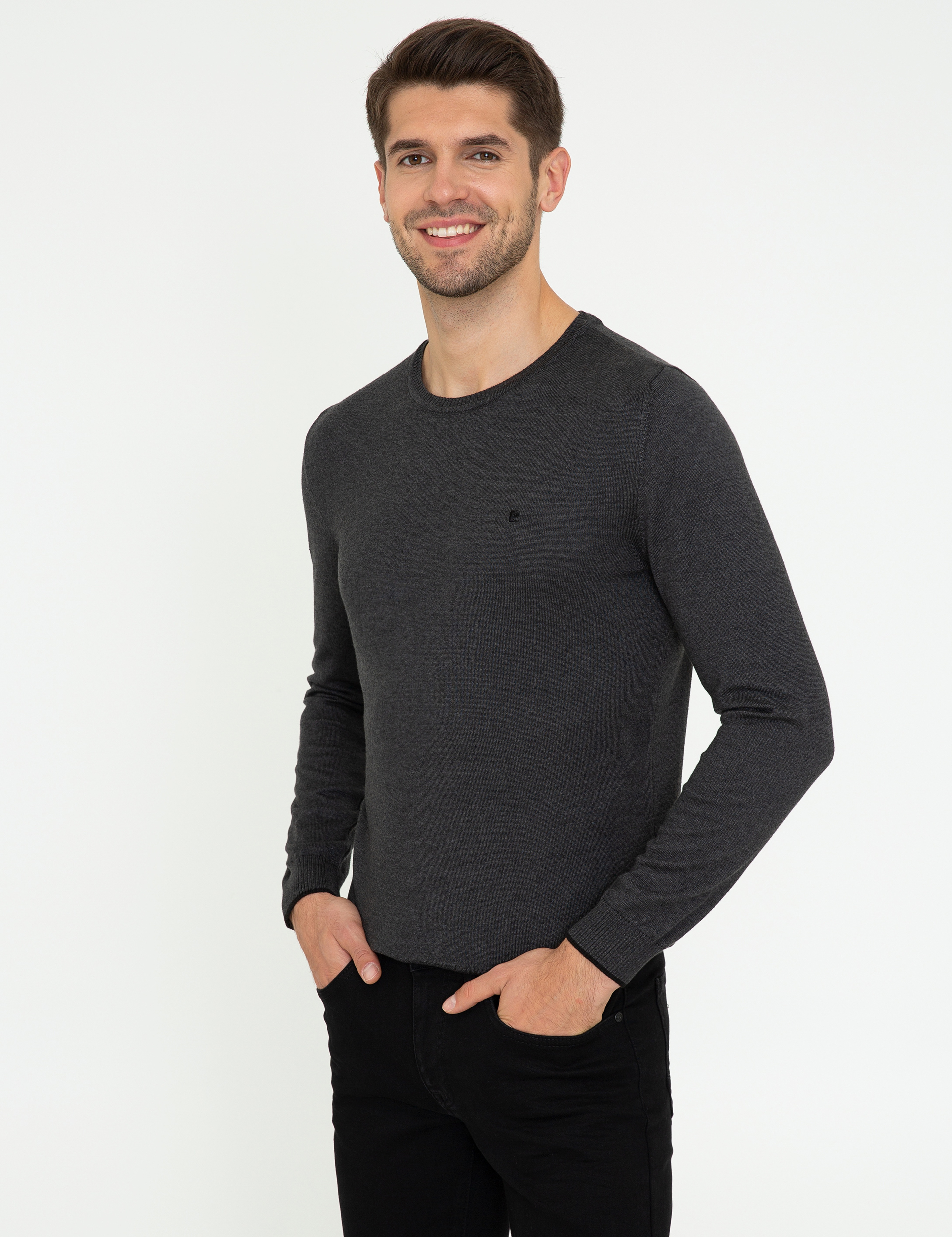 Antrasit Melanj Slim Fit Bisiklet Yaka Basic Triko Kazak - Image 3