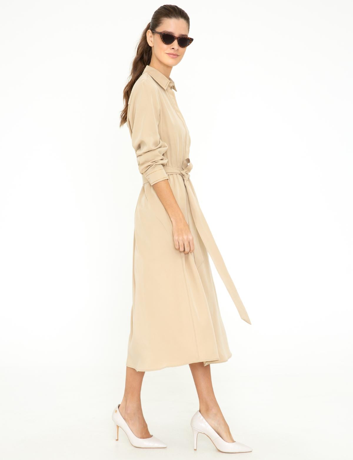 Bej Dokuma Elbise - 50244508011