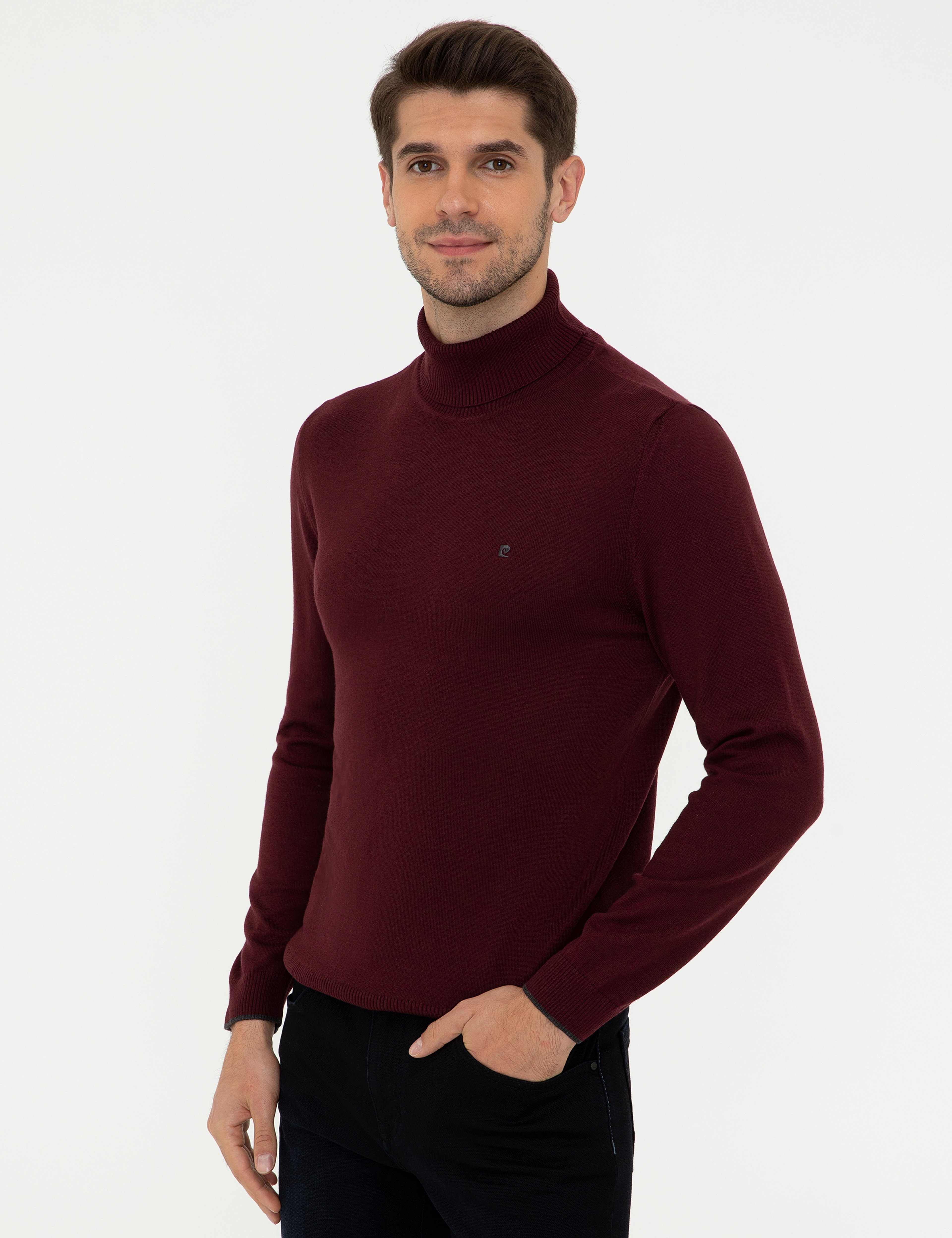 Bordo Slim Fit Balıkçı Yaka Basic Triko Kazak - Image 3