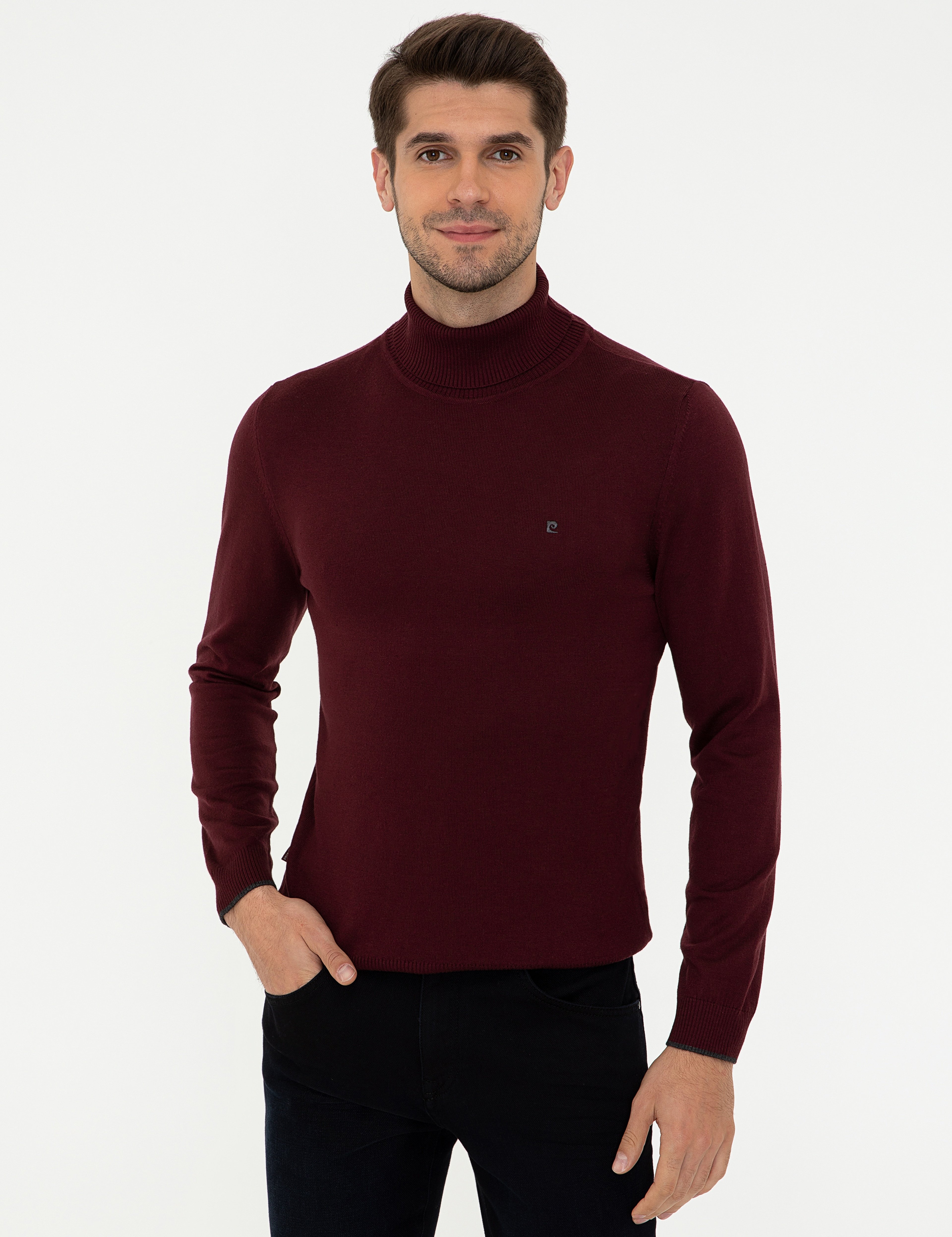 Bordo Slim Fit Balıkçı Yaka Basic Triko Kazak - Image 1