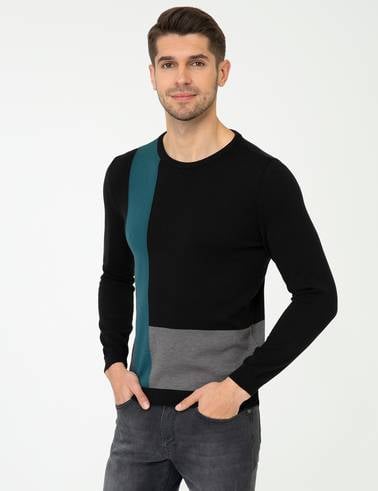 Siyah Slim Fit Bisiklet Yaka Triko Kazak