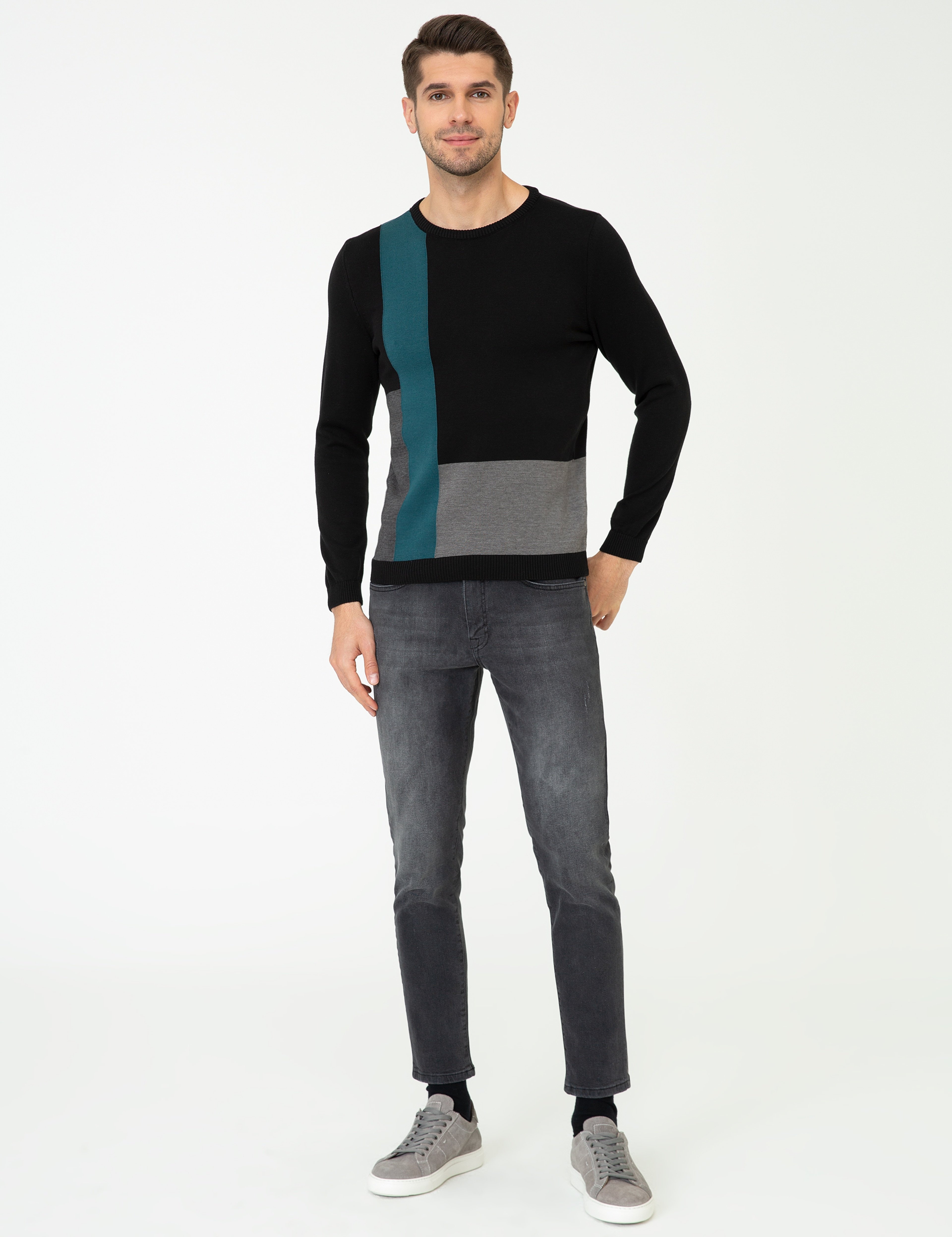 Siyah Slim Fit Bisiklet Yaka Triko Kazak - Image 5