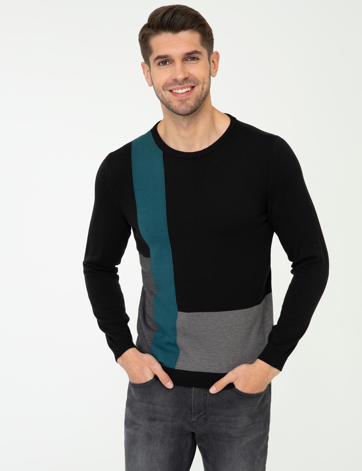 Siyah Slim Fit Bisiklet Yaka Triko Kazak