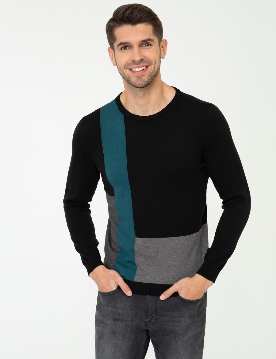 Siyah Slim Fit Bisiklet Yaka Triko Kazak