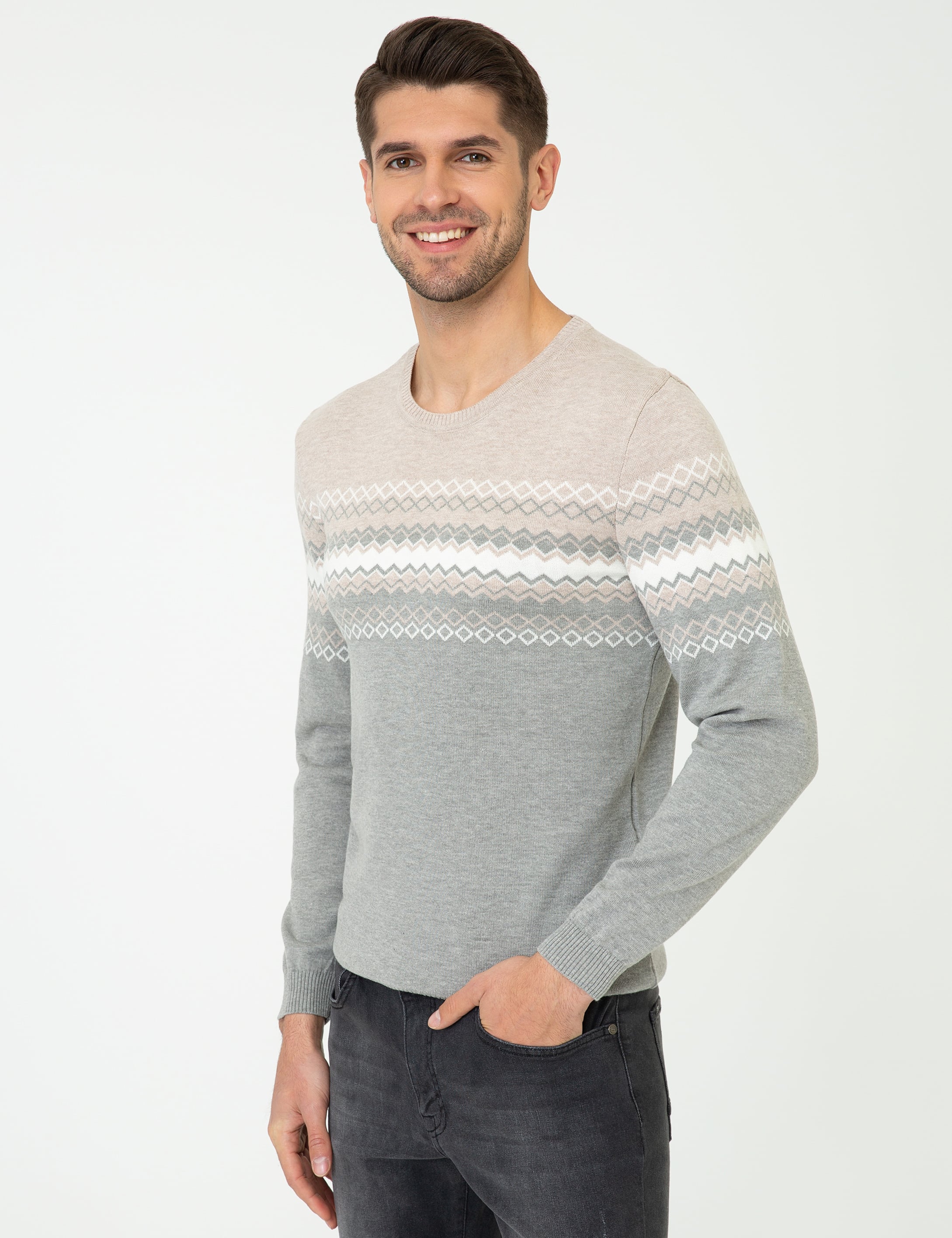 Pierre Cardin Açık Gri Melanj Slim Fit Fermuarlı Triko Kazak görsel 3