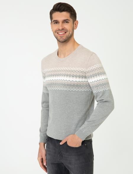 Açık Gri Melanj Slim Fit Fermuarlı Triko Hırka - 50240539038