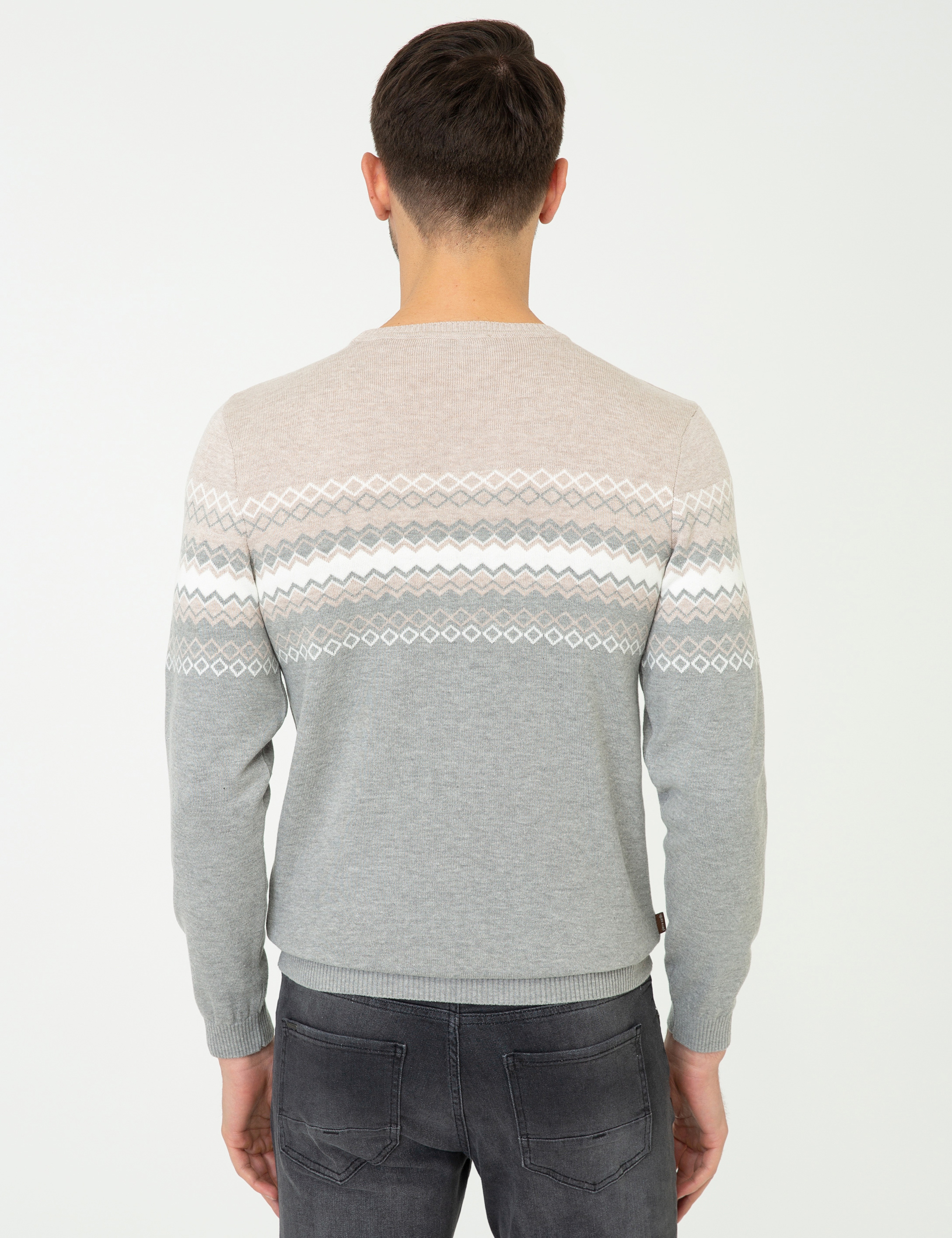 Açık Gri Melanj Slim Fit Fermuarlı Triko Kazak - Image 4