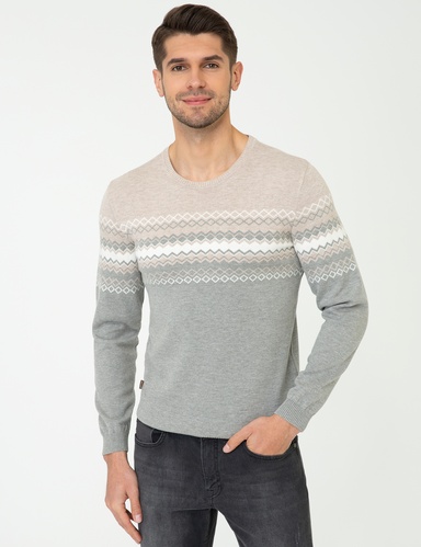 Açık Gri Melanj Slim Fit Fermuarlı Triko Kazak