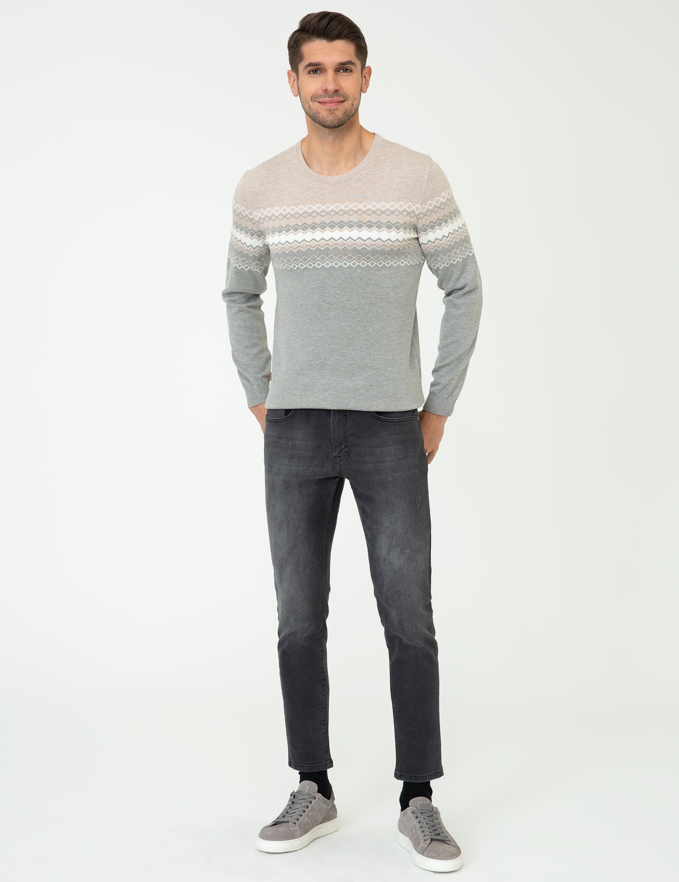 Pierre Cardin Açık Gri Melanj Slim Fit Fermuarlı Triko Kazak görsel 5