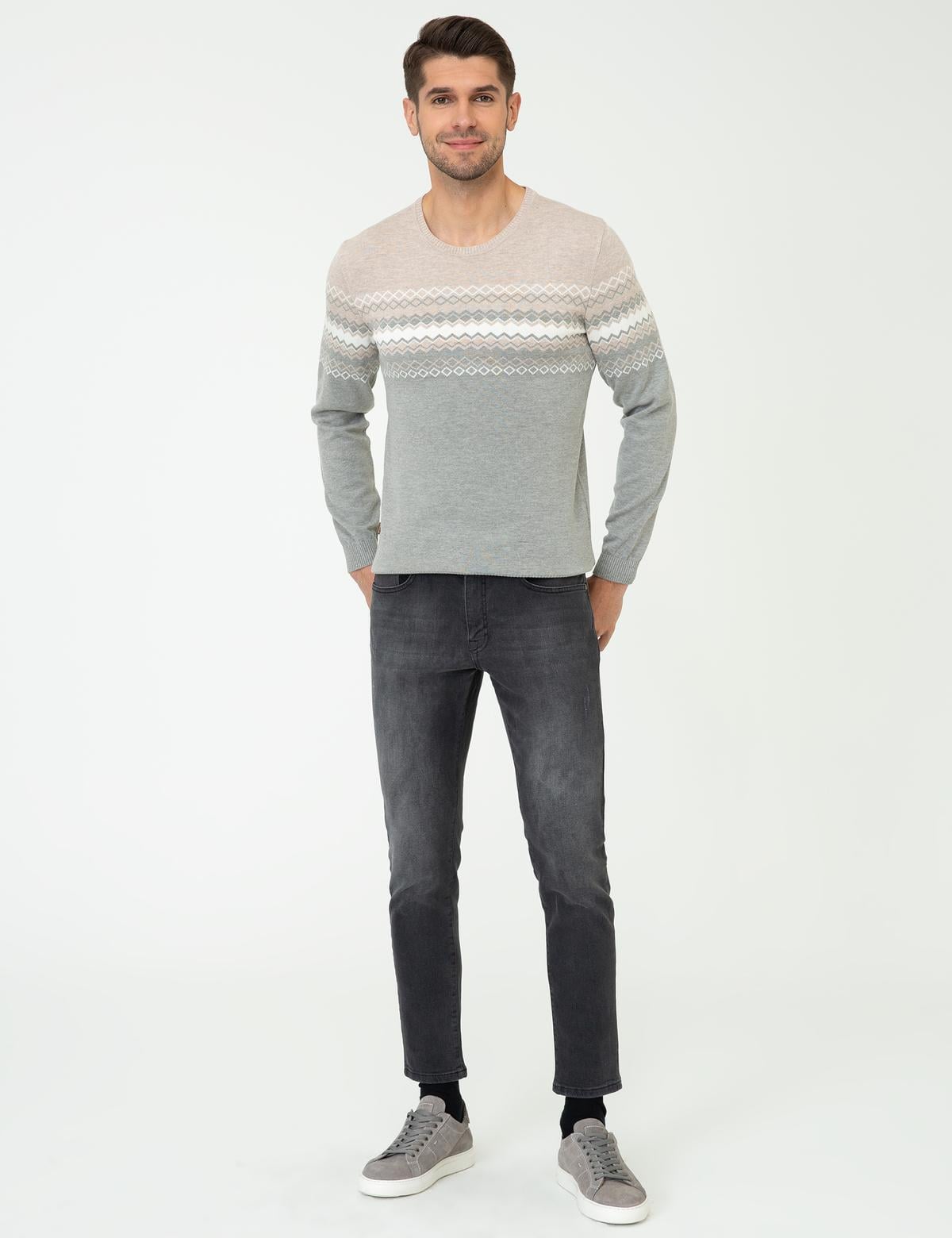 Açık Gri Melanj Slim Fit Fermuarlı Triko Hırka - 50240539038