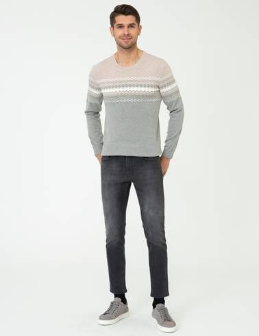 Açık Gri Melanj Slim Fit Fermuarlı Triko Kazak