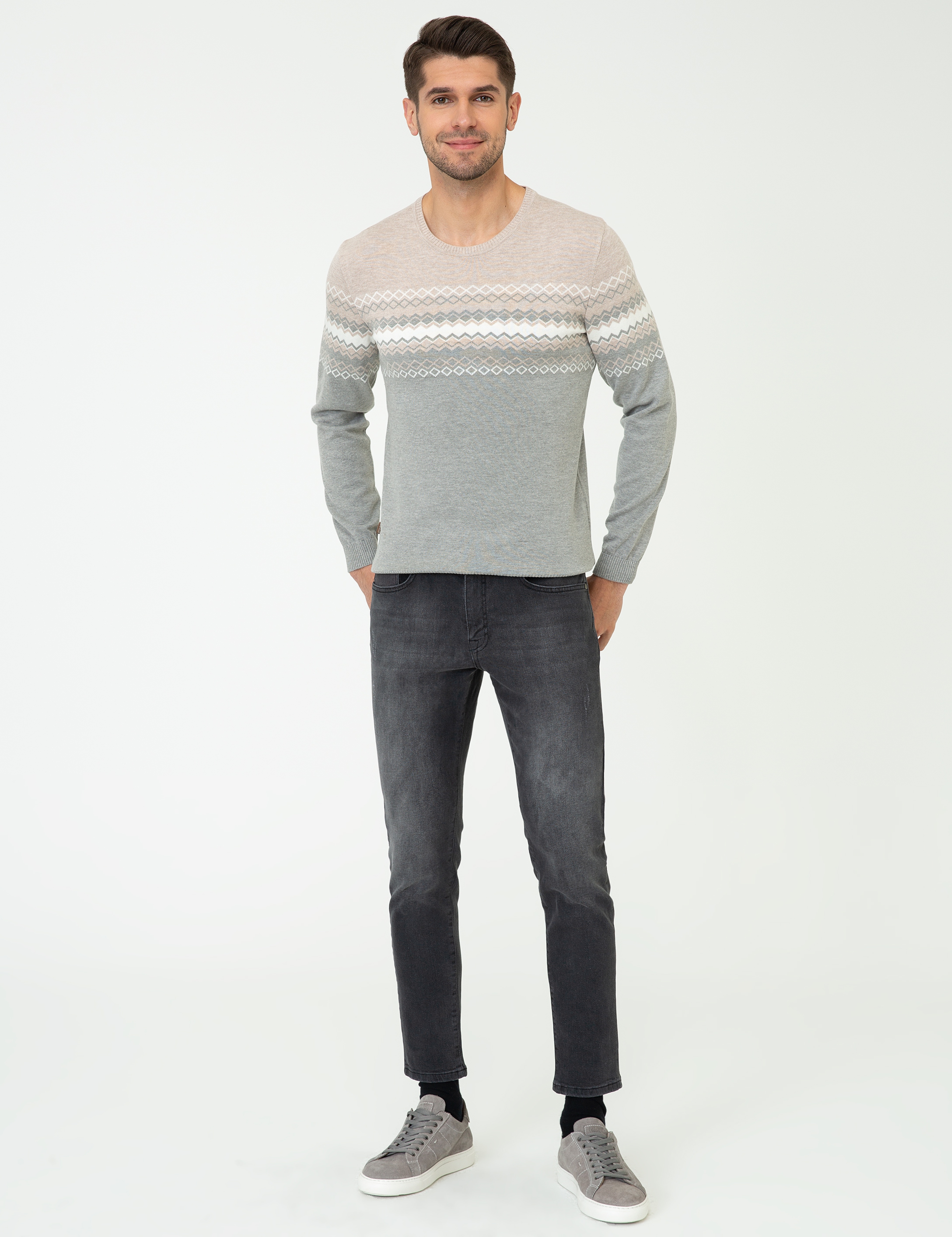 Açık Gri Melanj Slim Fit Fermuarlı Triko Kazak - Image 5