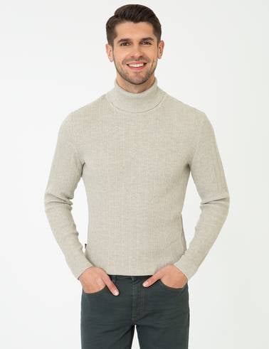 Kum Melanj Slim Fit Balıkçı Yaka Triko Kazak