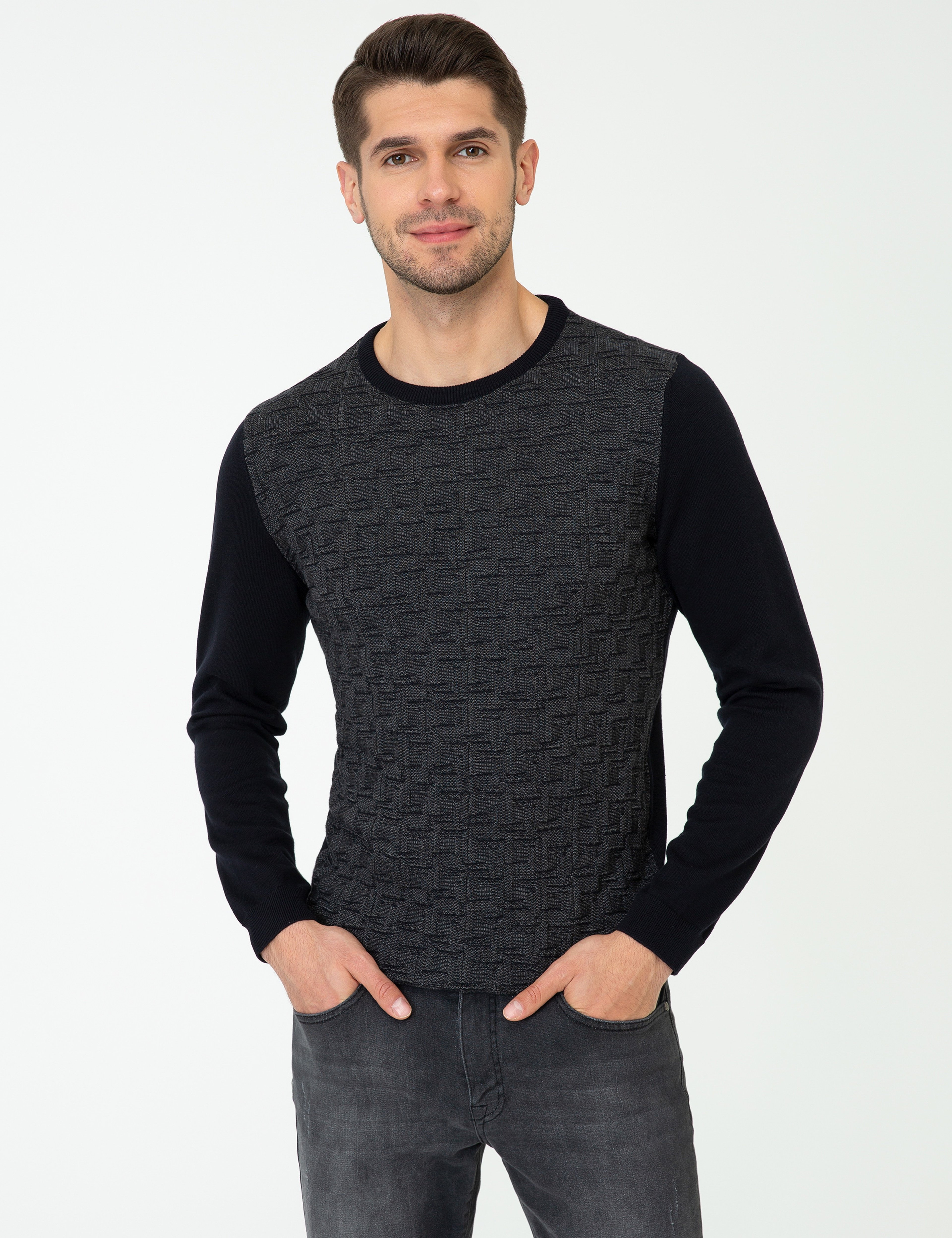 Lacivert Slim Fit Bisiklet Yaka Triko Kazak - Image 1