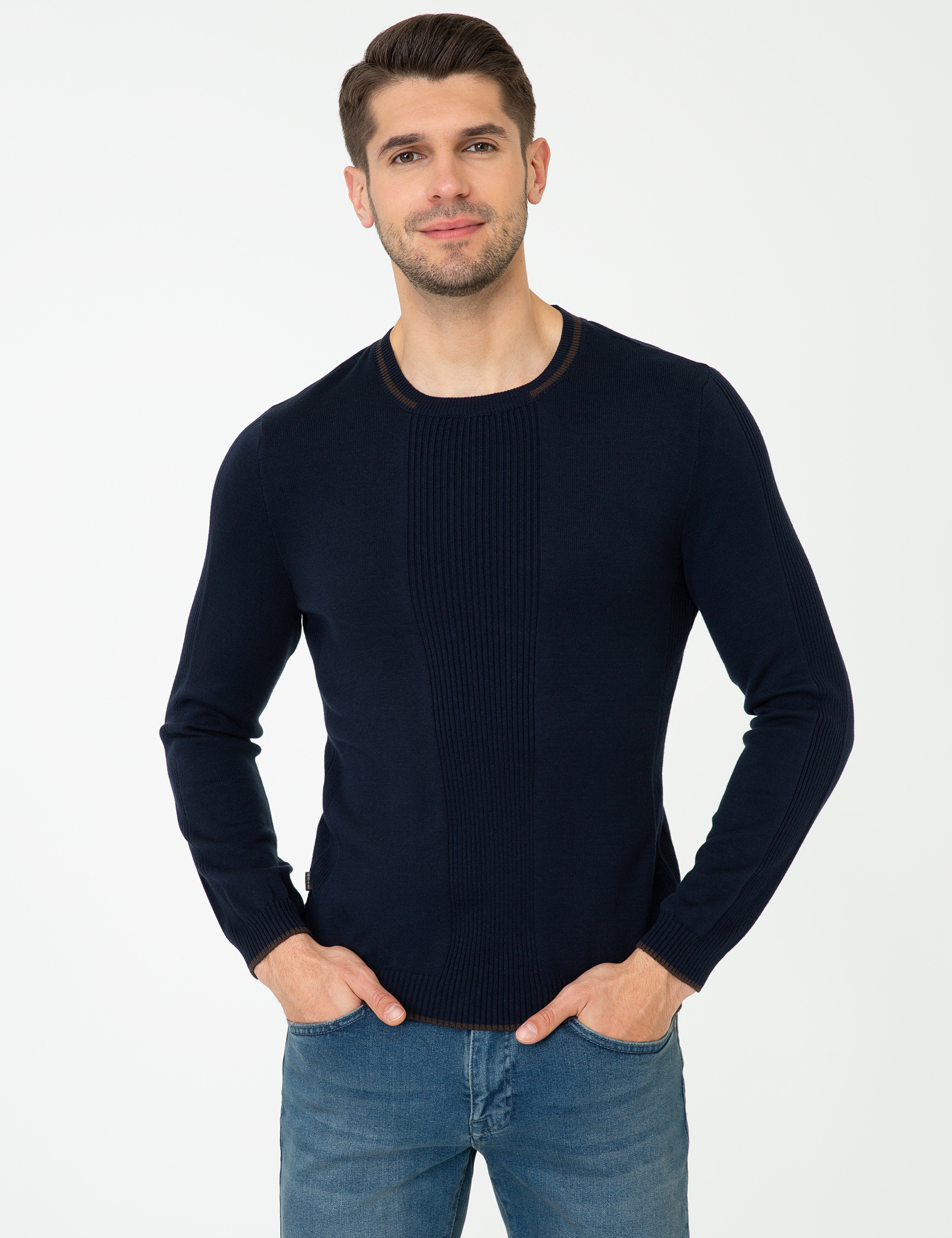 Lacivert Slim Fit Bisiklet Yaka Triko Kazak - Image 1
