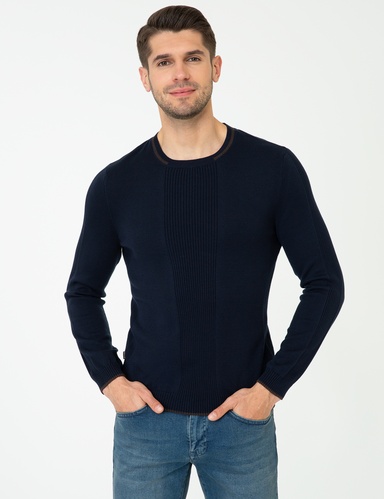 Lacivert Slim Fit Bisiklet Yaka Triko Kazak