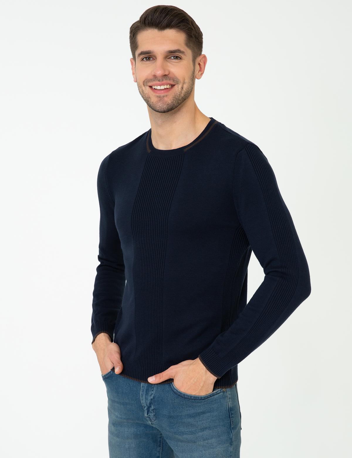 Lacivert Slim Fit Bisiklet Yaka Triko Kazak - 50241438008