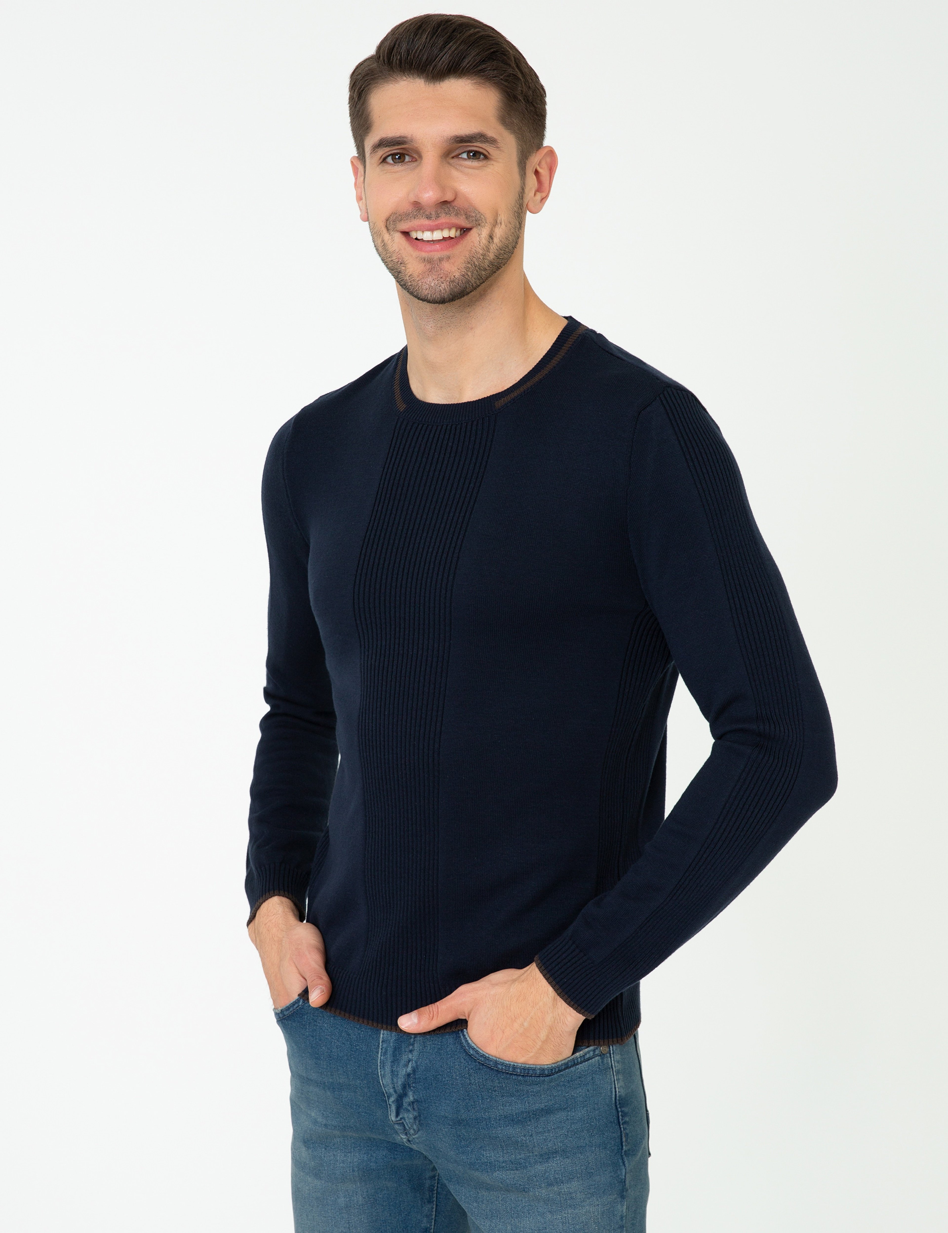 Lacivert Slim Fit Bisiklet Yaka Triko Kazak - Image 3