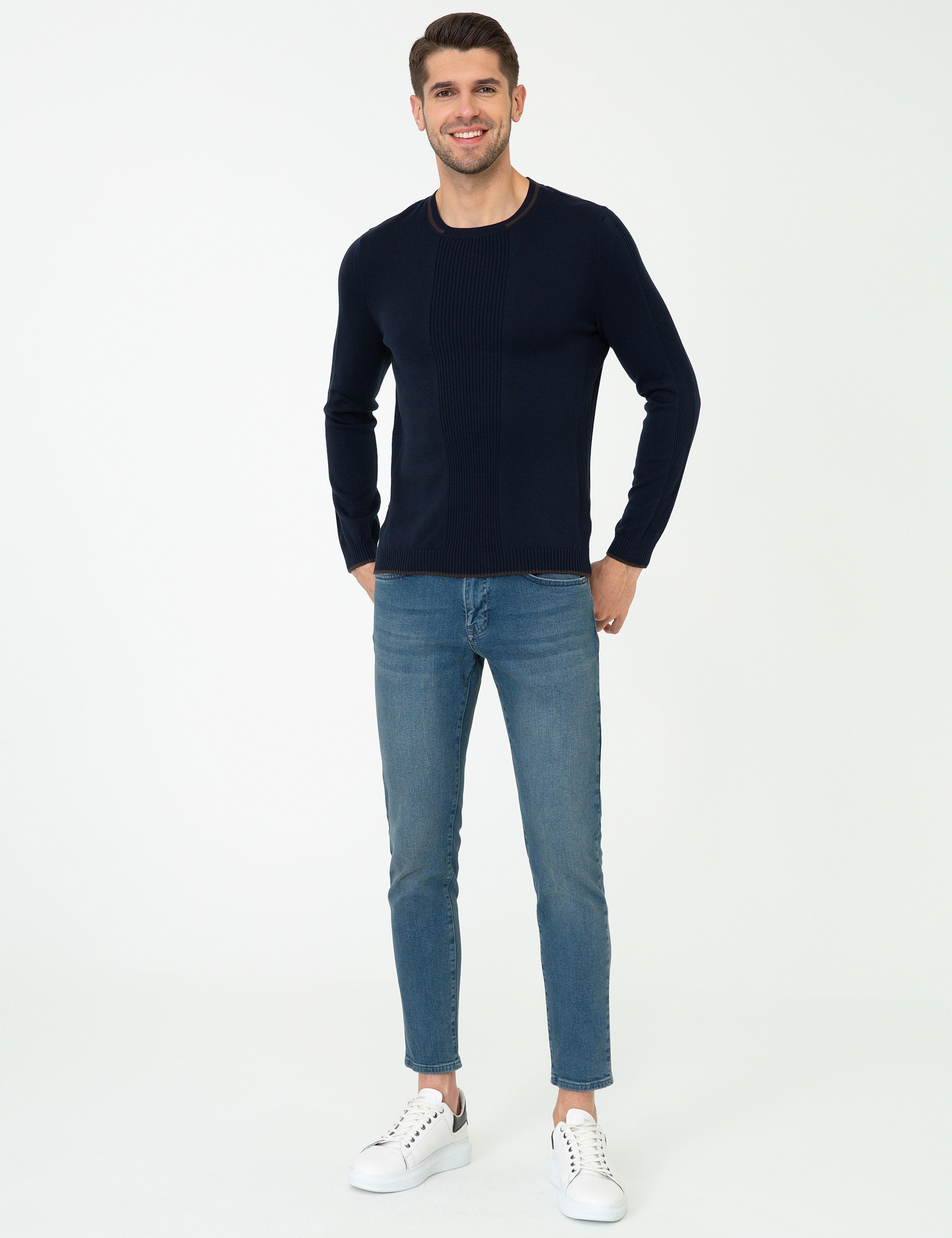 Lacivert Slim Fit Bisiklet Yaka Triko Kazak - Image 5