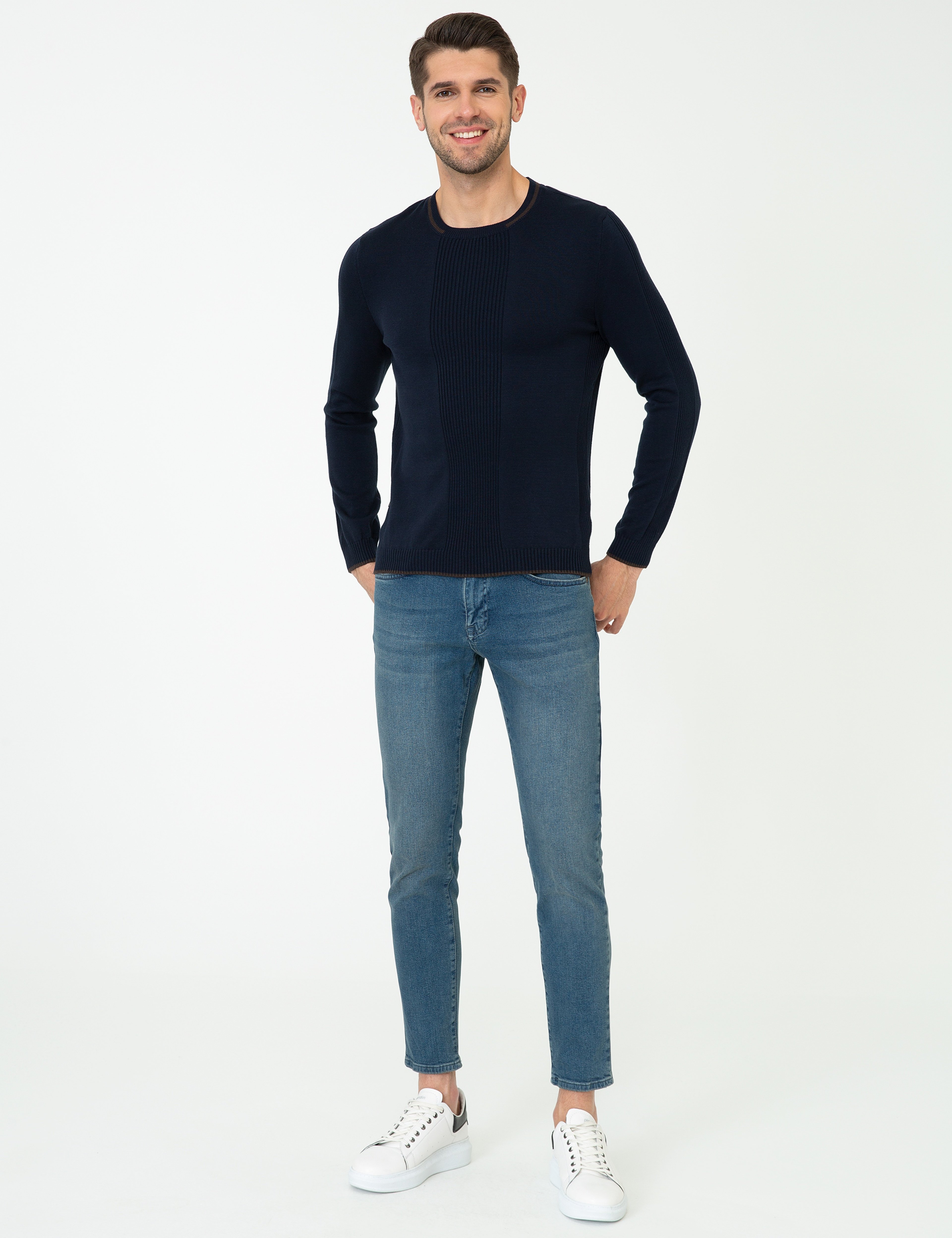 Lacivert Slim Fit Bisiklet Yaka Triko Kazak