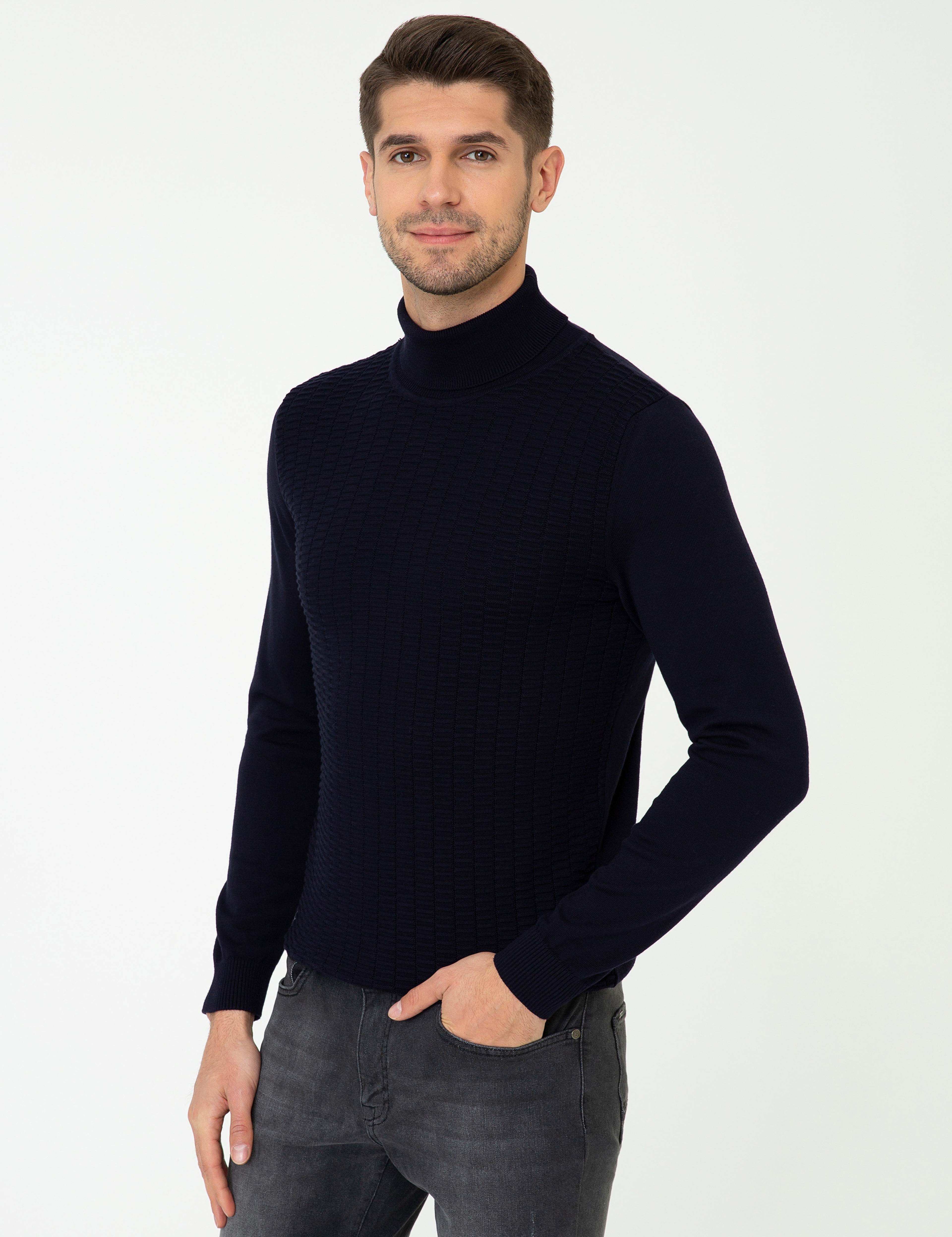 Lacivert Slim Fit Balıkçı Yaka Triko Kazak - Image 3
