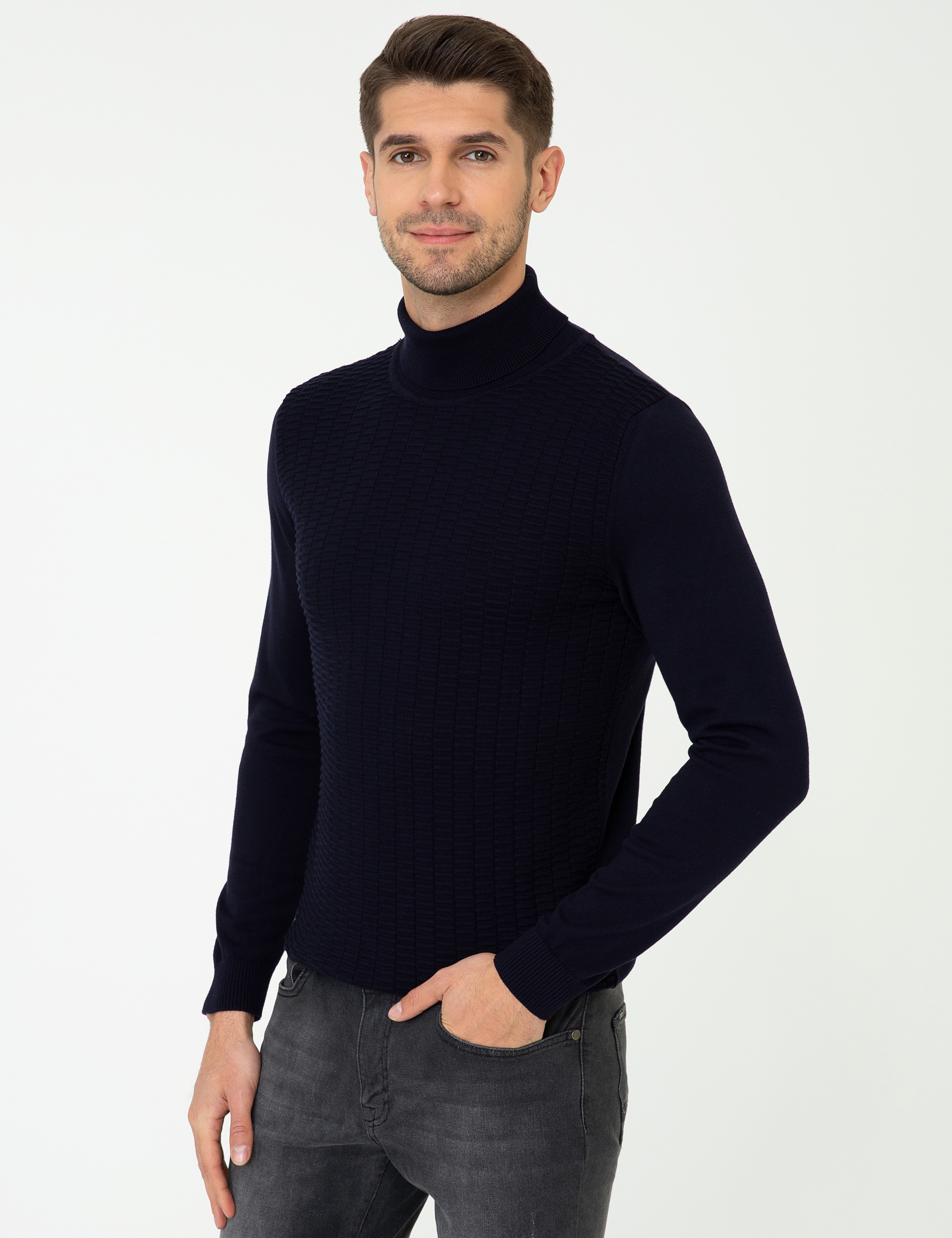 Lacivert Slim Fit Balıkçı Yaka Triko Kazak