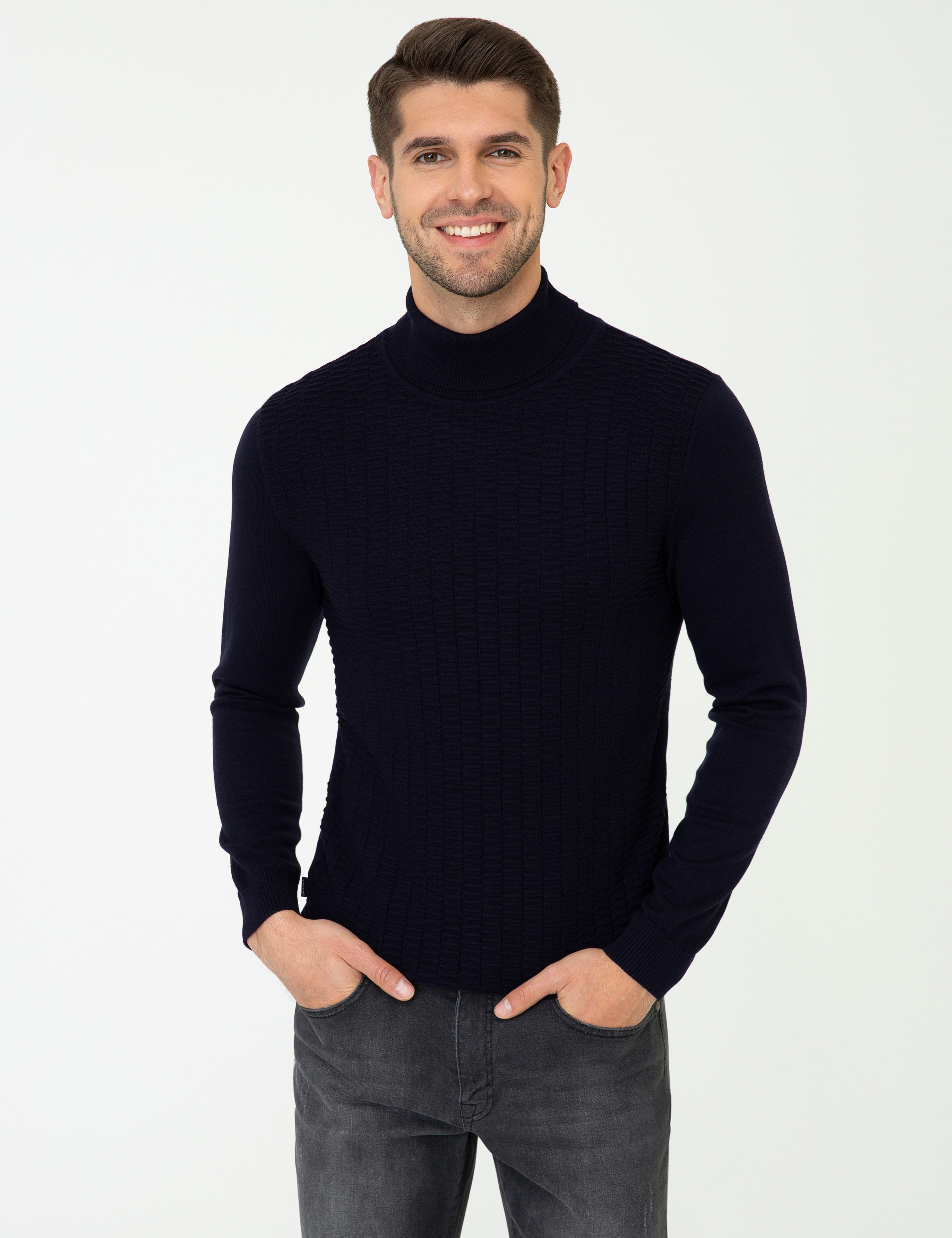 Lacivert Slim Fit Balıkçı Yaka Triko Kazak - Image 1