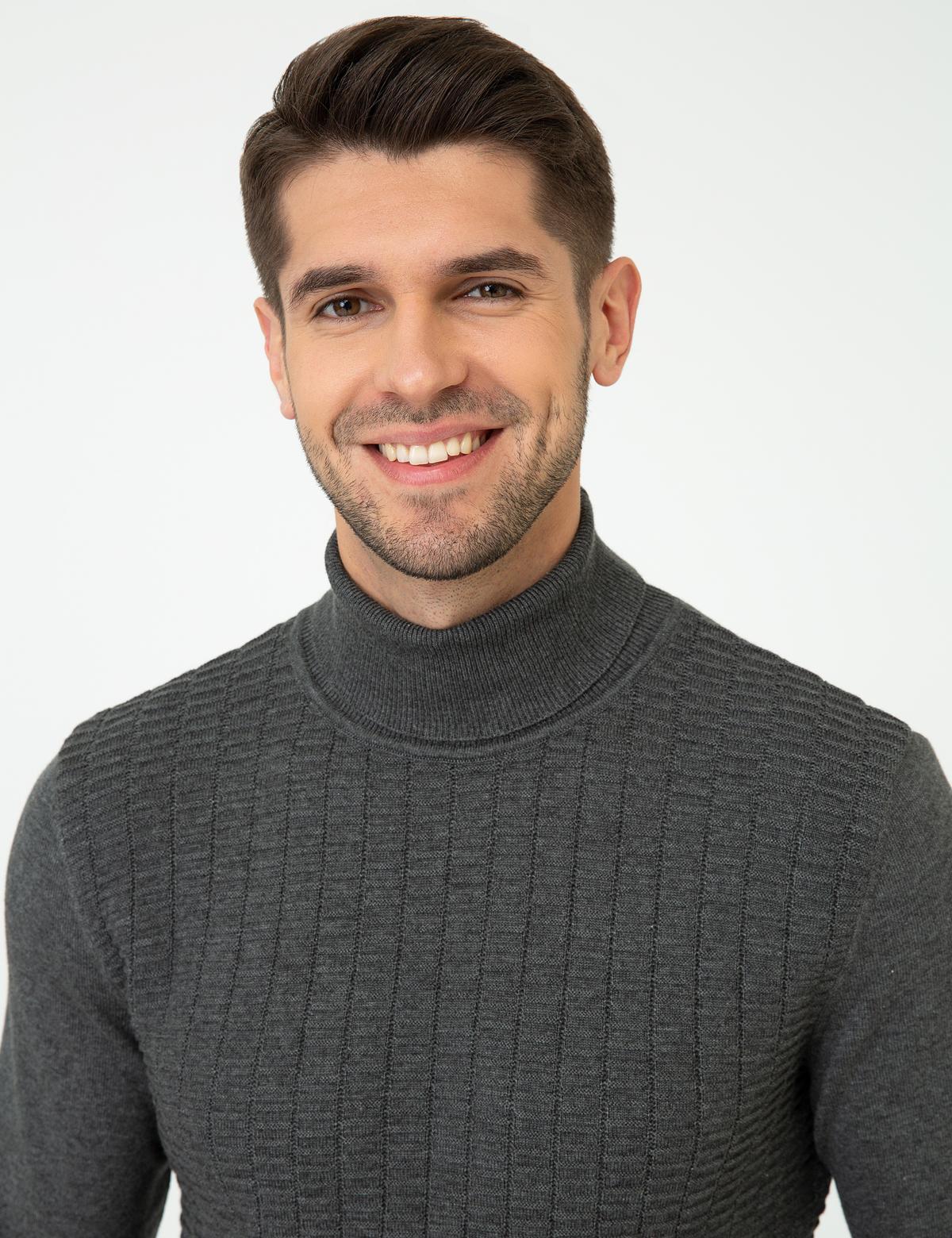 Gri Melanj Slim Fit Balıkçı Yaka Triko Kazak - 50248530027