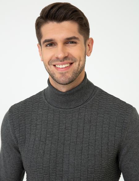 Gri Melanj Slim Fit Balıkçı Yaka Triko Kazak - 50248530027