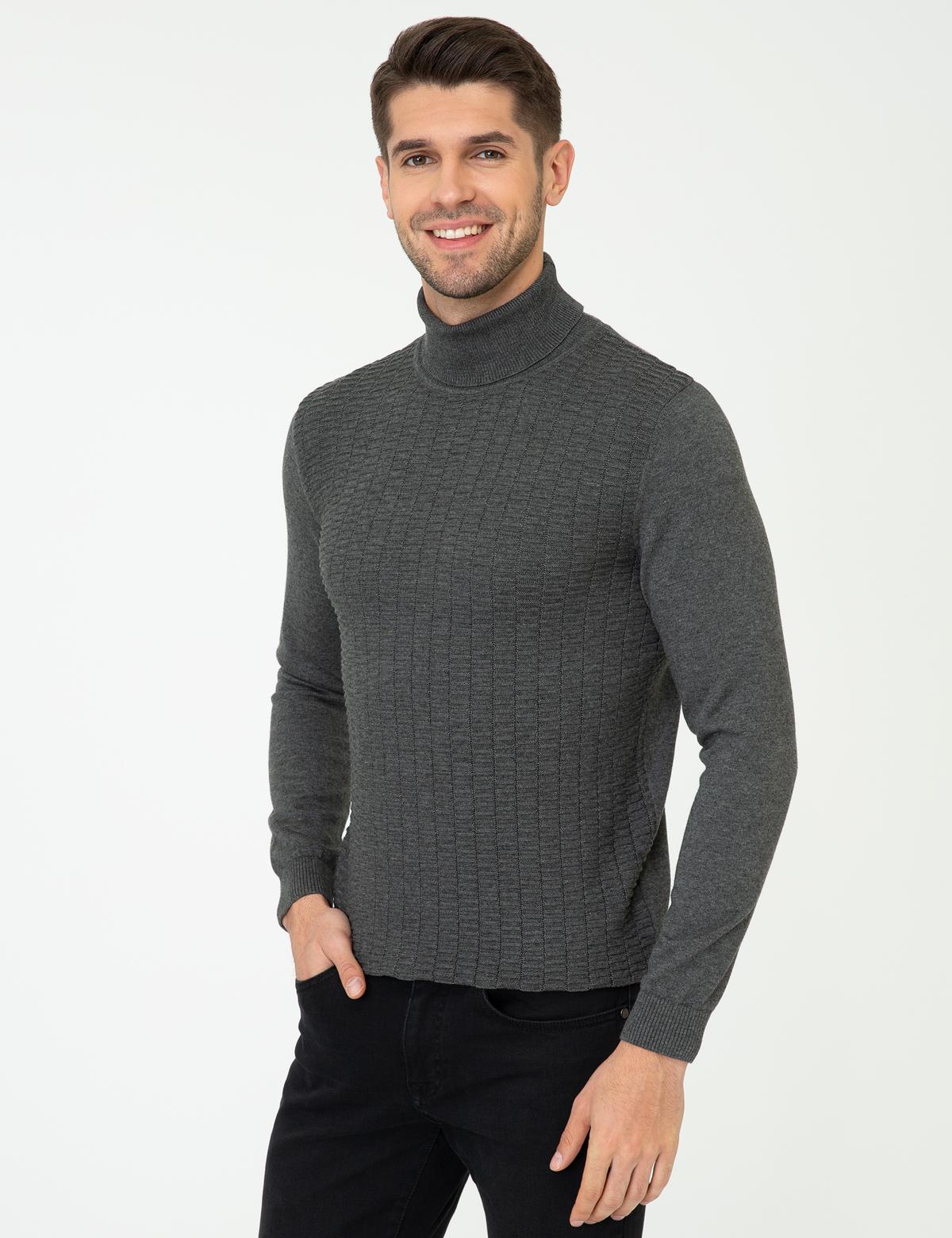 Gri Melanj Slim Fit Balıkçı Yaka Triko Kazak - 50248530027