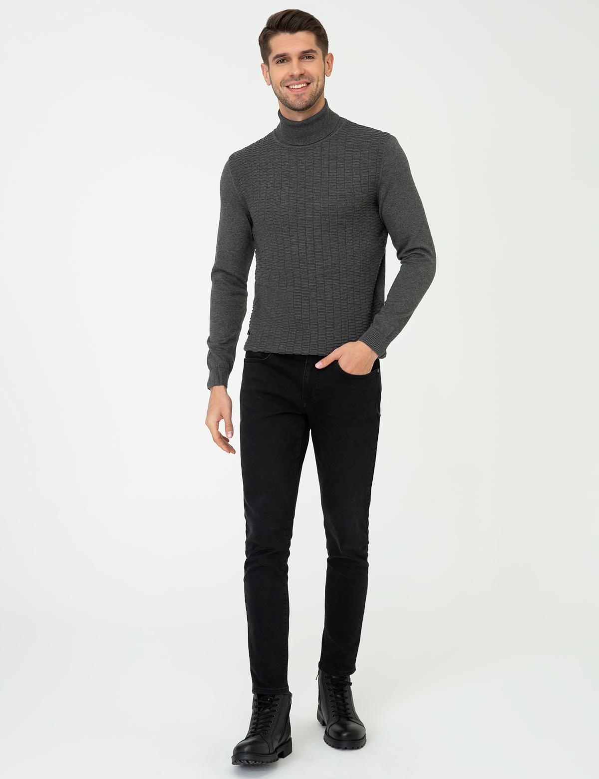 Gri Melanj Slim Fit Balıkçı Yaka Triko Kazak - 50248530027