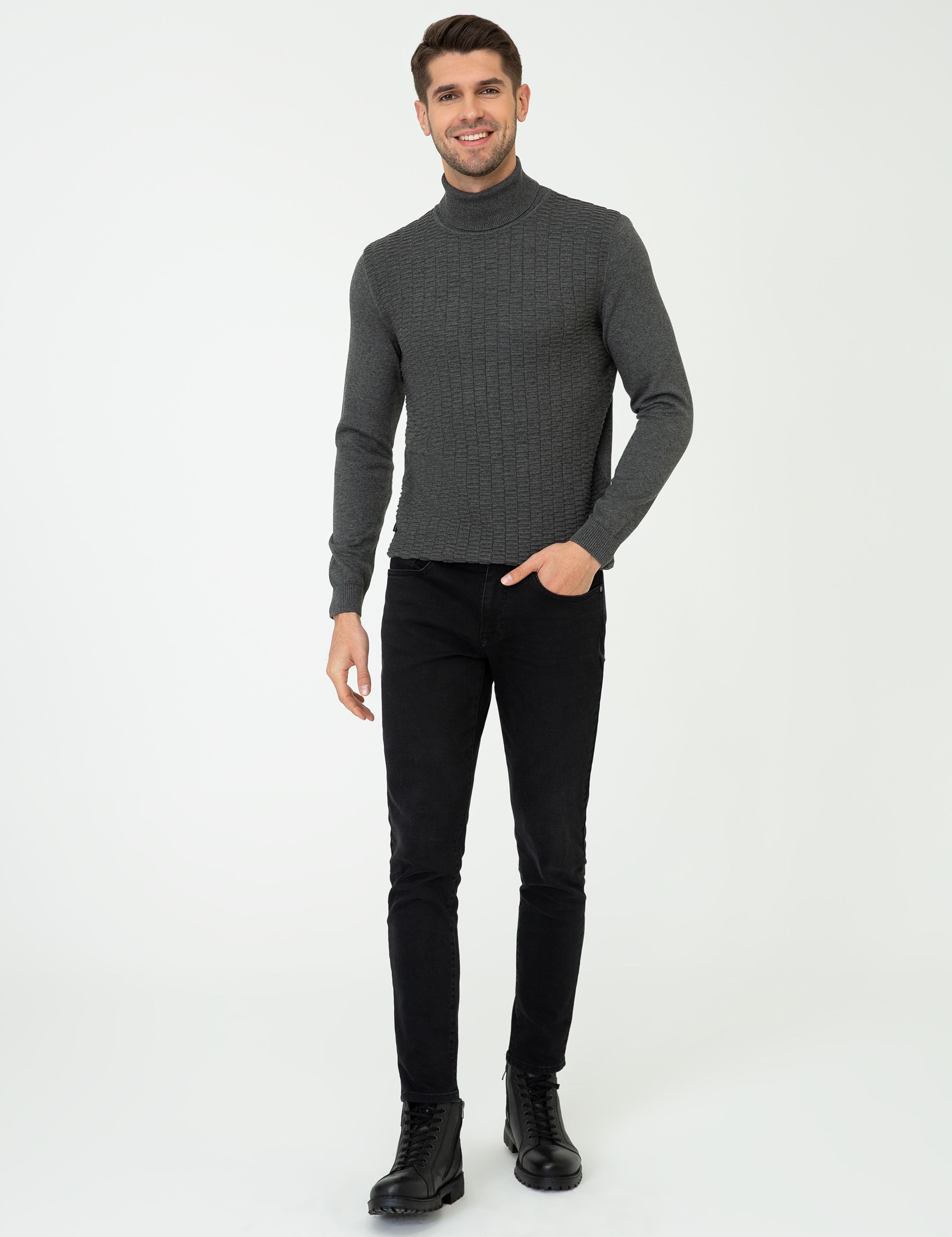 Gri Melanj Slim Fit Balıkçı Yaka Triko Kazak