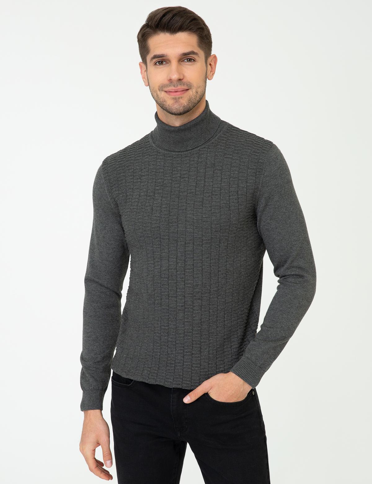 Gri Melanj Slim Fit Balıkçı Yaka Triko Kazak