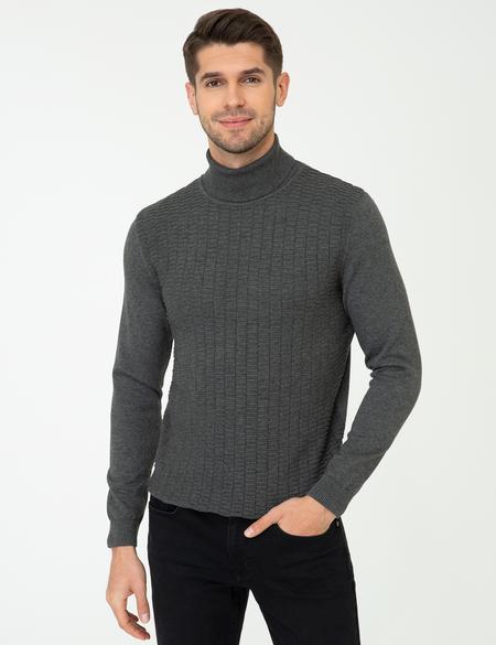 Gri Melanj Slim Fit Balıkçı Yaka Triko Kazak - 50248530027