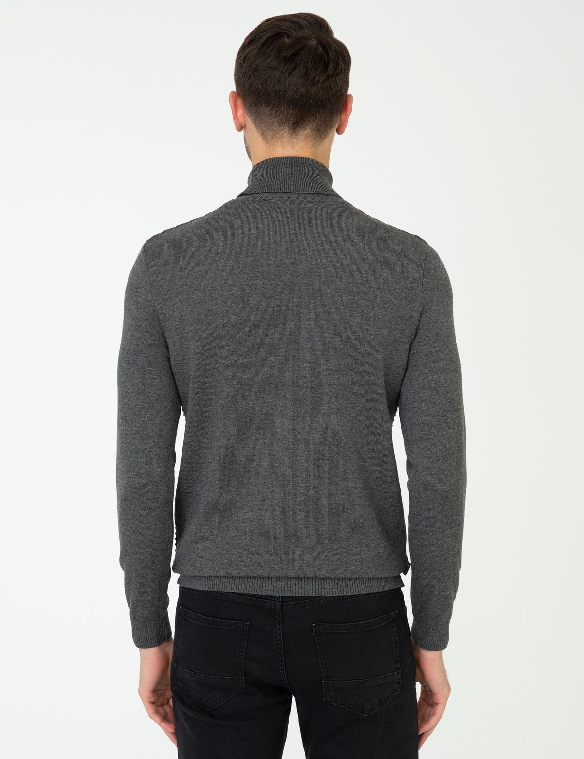 Gri Melanj Slim Fit Balıkçı Yaka Triko Kazak - 50248530027